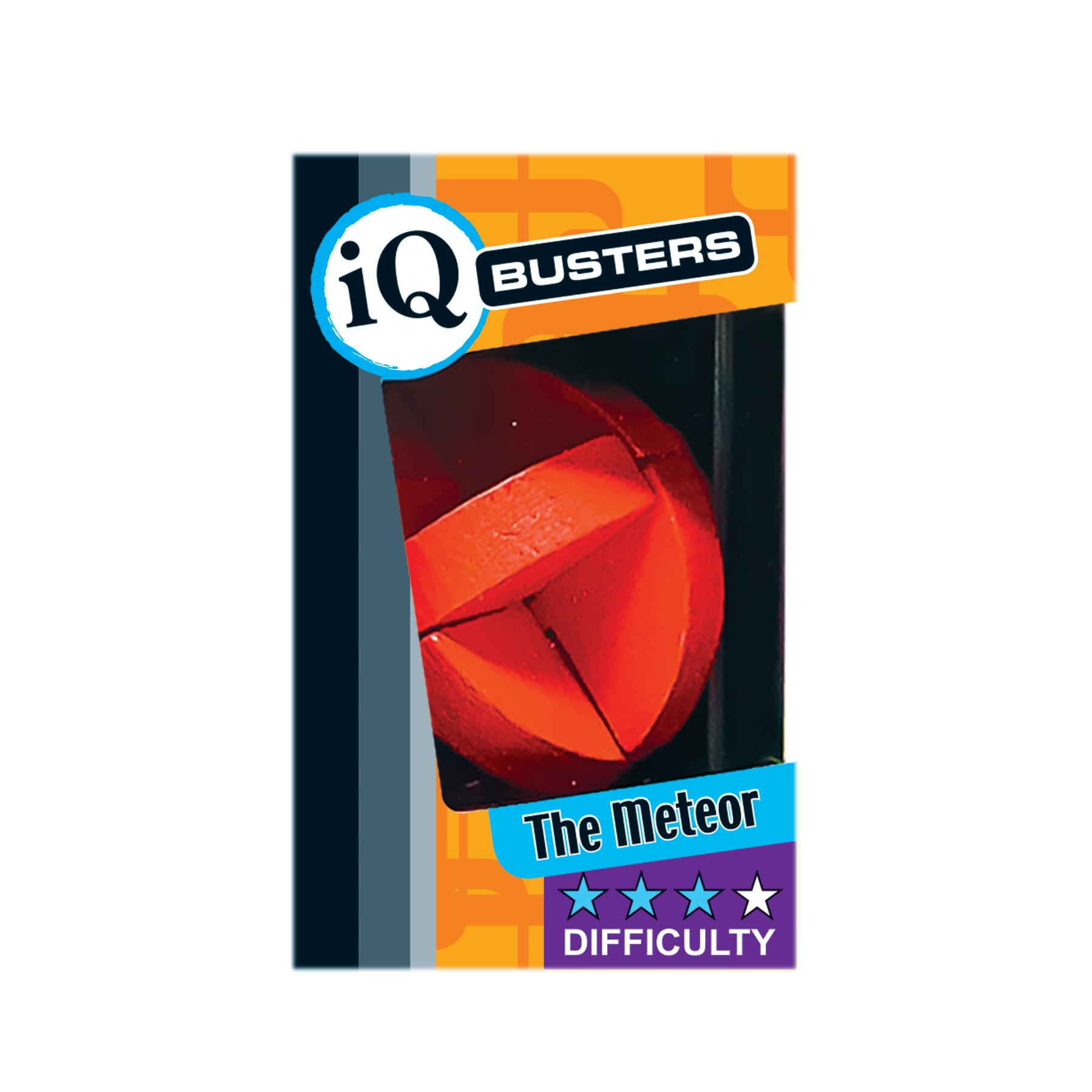Packaging for IQ Busters brain teaser puzzle called 'The Meteor' with a red color scheme and 3 star difficulty rating .