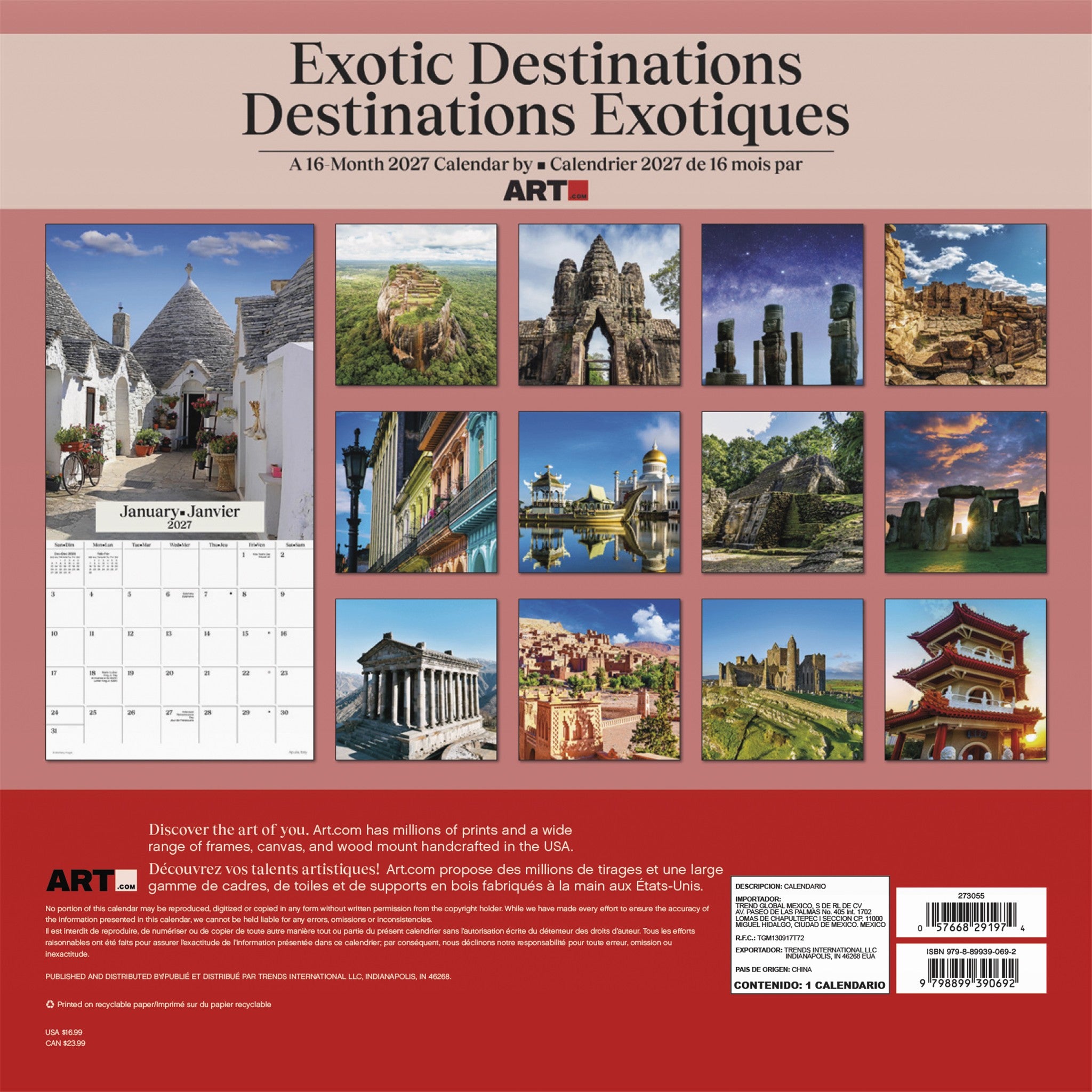 Exotic Destinations / Destinations Exotiques 2027 Wall Calendar - Online Only
