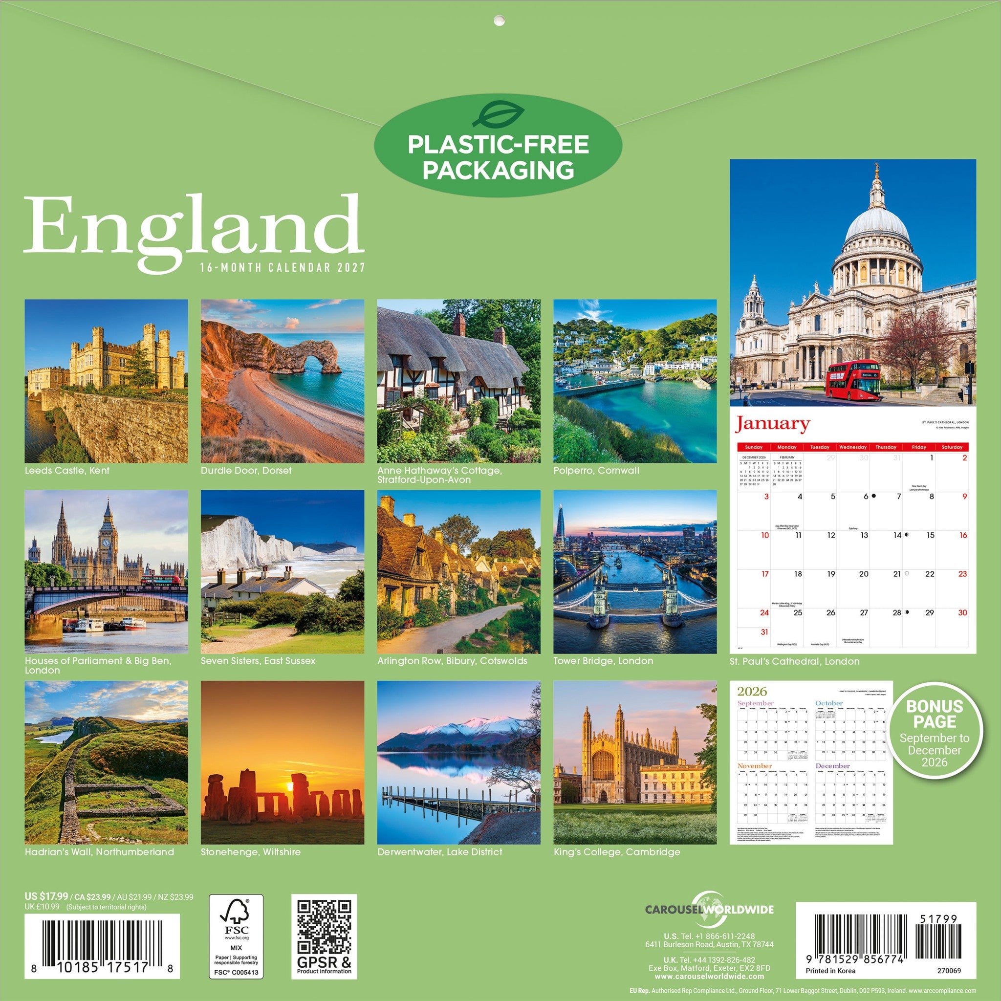 England 2027 Wall Calendar