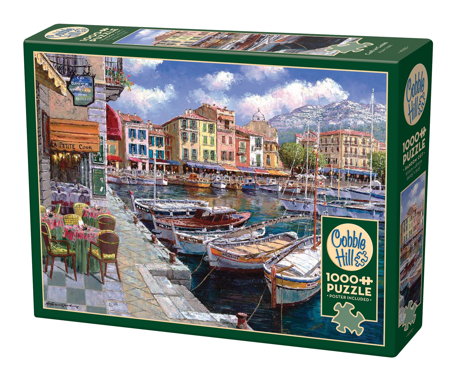 A 1000 piece Cobble Hill puzzle box featuring an illustration of a cafe in Cassis, with boats and colorful buildings.