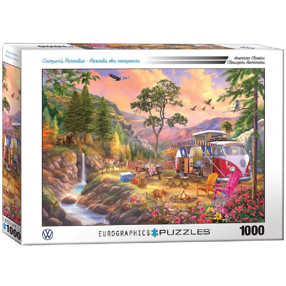 A 1000 piece jigsaw puzzle depicting a campervan in a scenic forest setting with a table, chairs, and a dog.