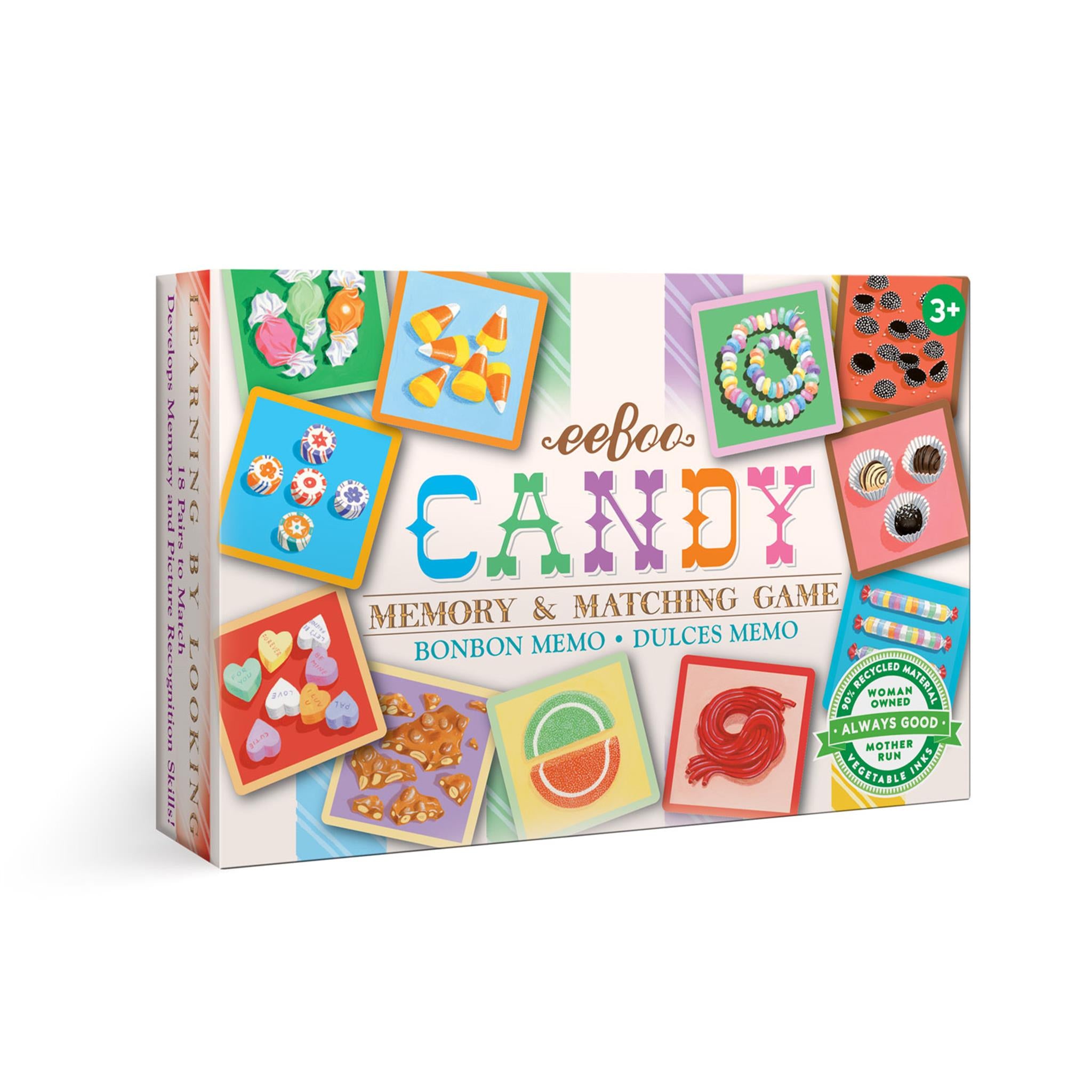 Packaging for 'Candy Little Memory & Matching Game' featuring illustrations of various candy-shaped memory cards with different designs.
