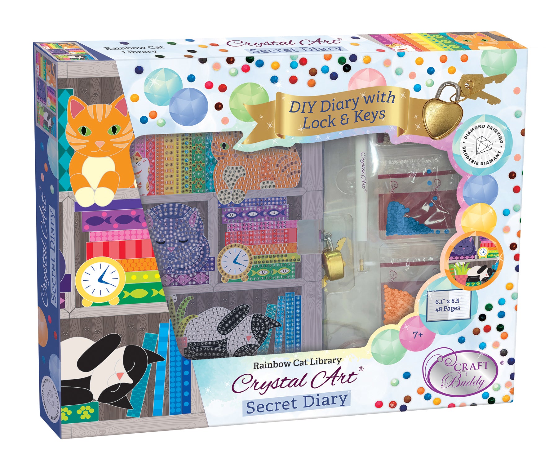 Packaging for a Crystal Art Secret Diary with a theme of a cat library, including images of cats, books, and a diary with lock and key.