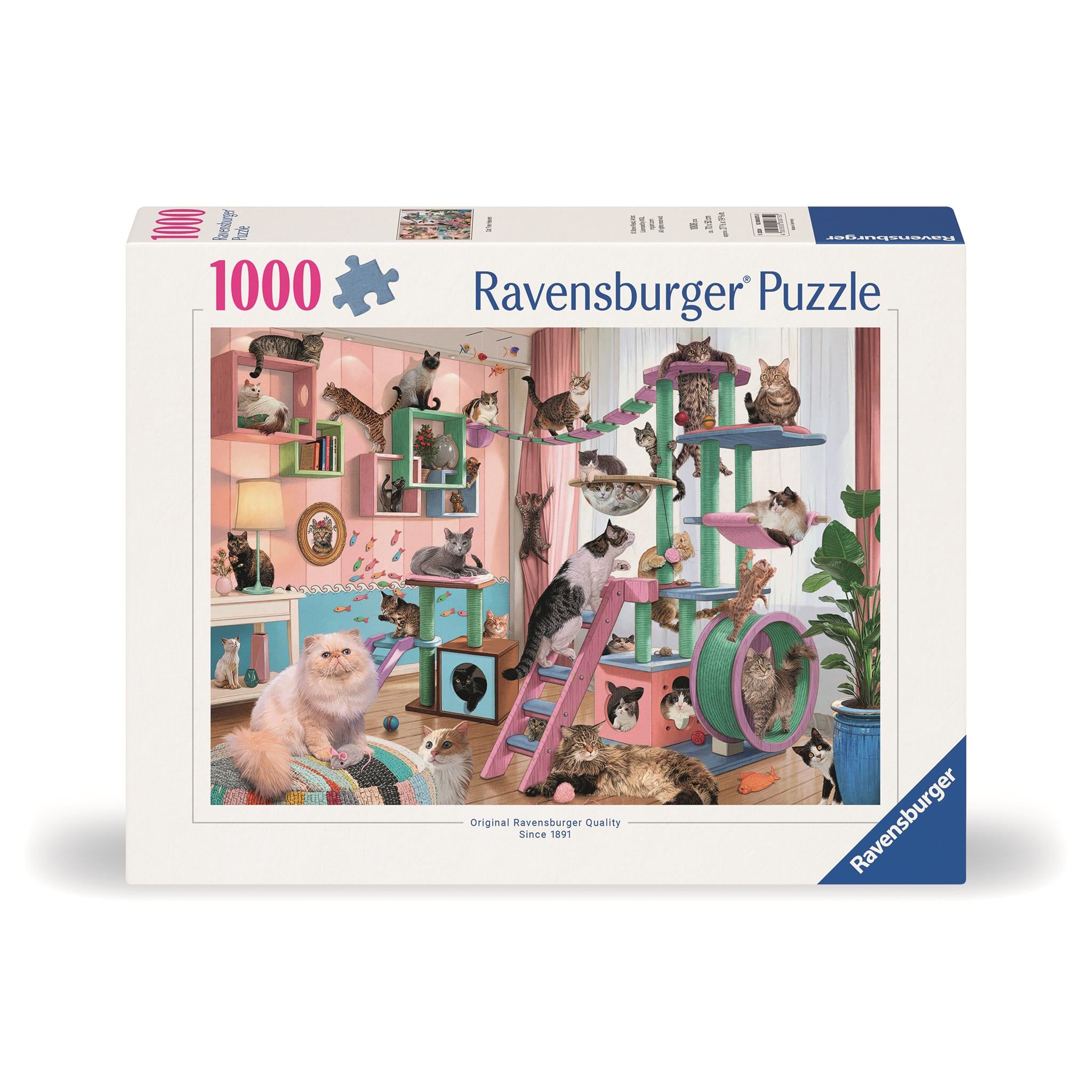 A 1000 piece Ravensburger puzzle box featuring an illustrated image of cats on a tree-like structure, indicating the puzzle's theme.