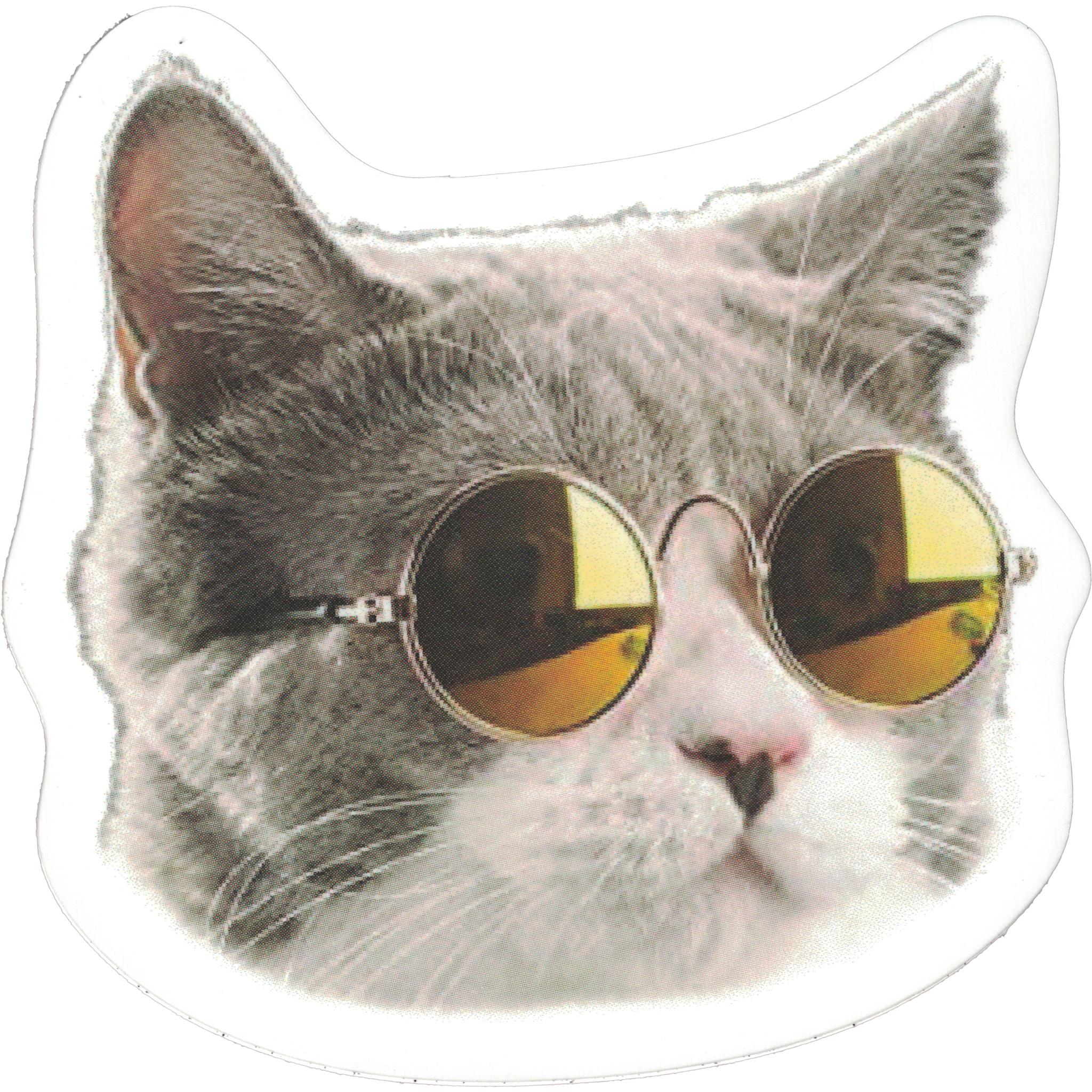 A vinyl sticker depicting a cat wearing round sunglasses.