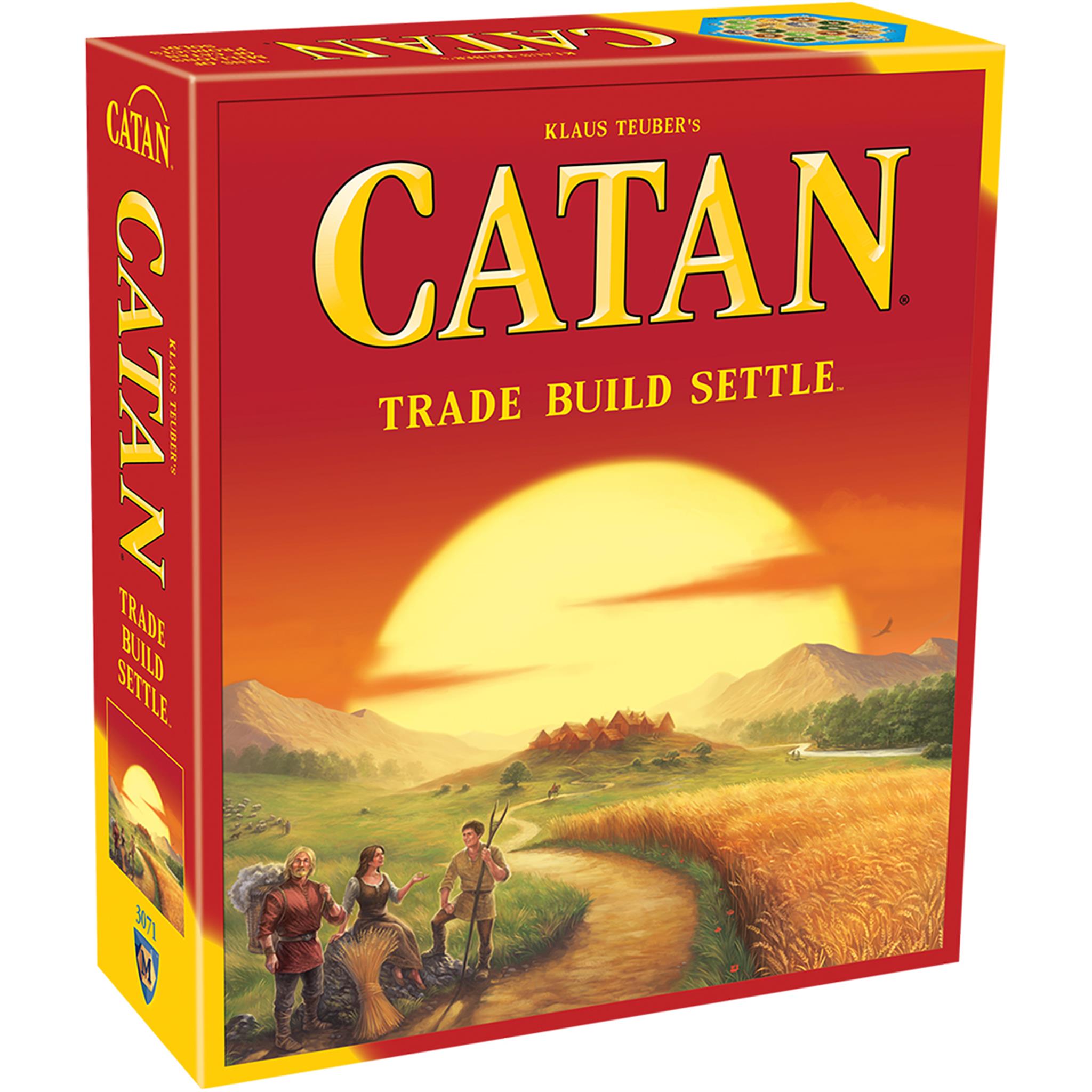 Box cover for the board game Catan, featuring a cartoon illustration of the game's theme with players and a landscape.
