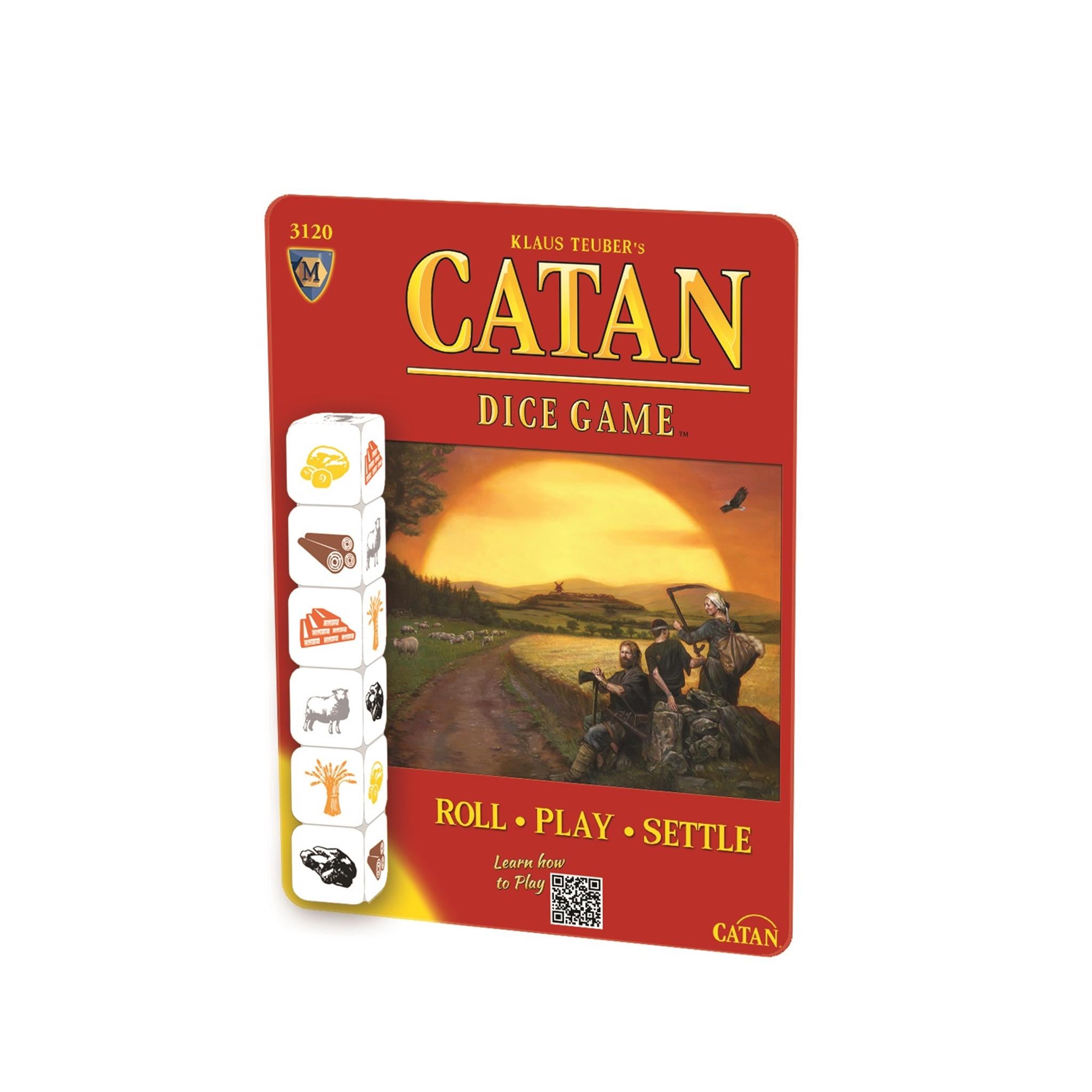 Packaging for the Catan Dice Game featuring the game's title, an image of the Catan board, and the dice used in the game.