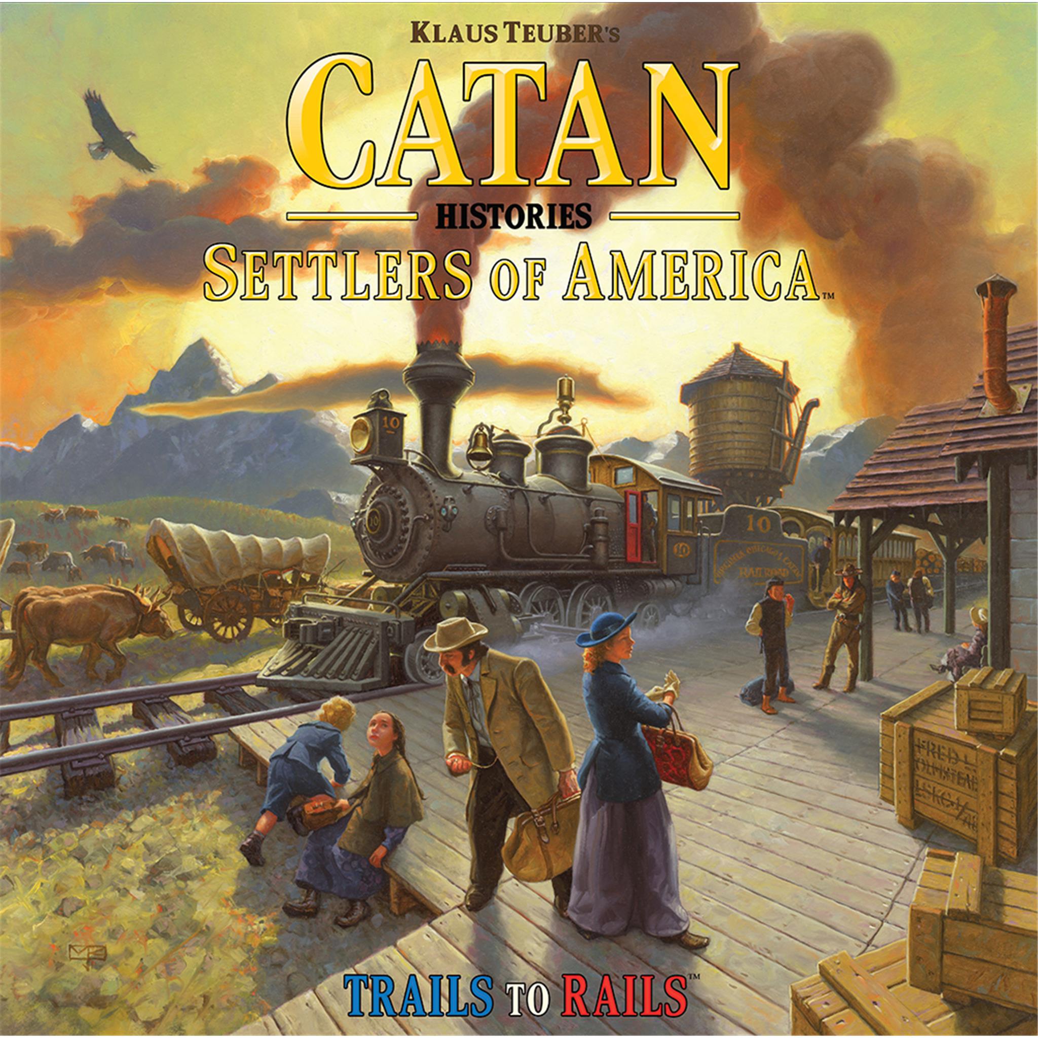 Cover art for Catan Histories: Settlers of America board game, featuring an illustration of settlers and a train in a western landscape.