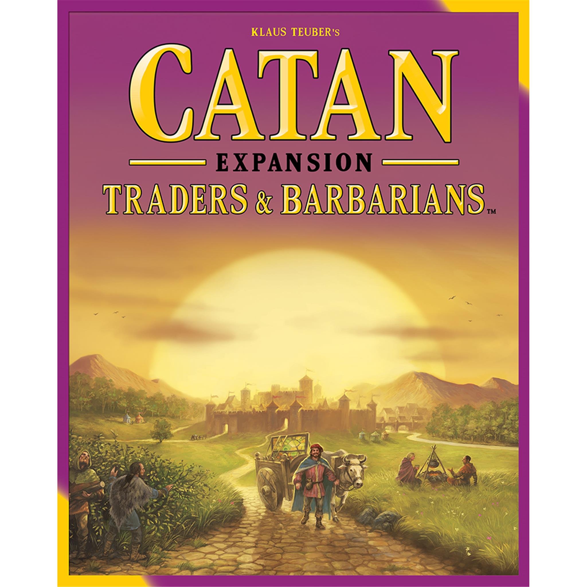 Board game cover for 'Catan Traders Barbarians' featuring illustrations of ancient结算 settlements and a caravan on a road.