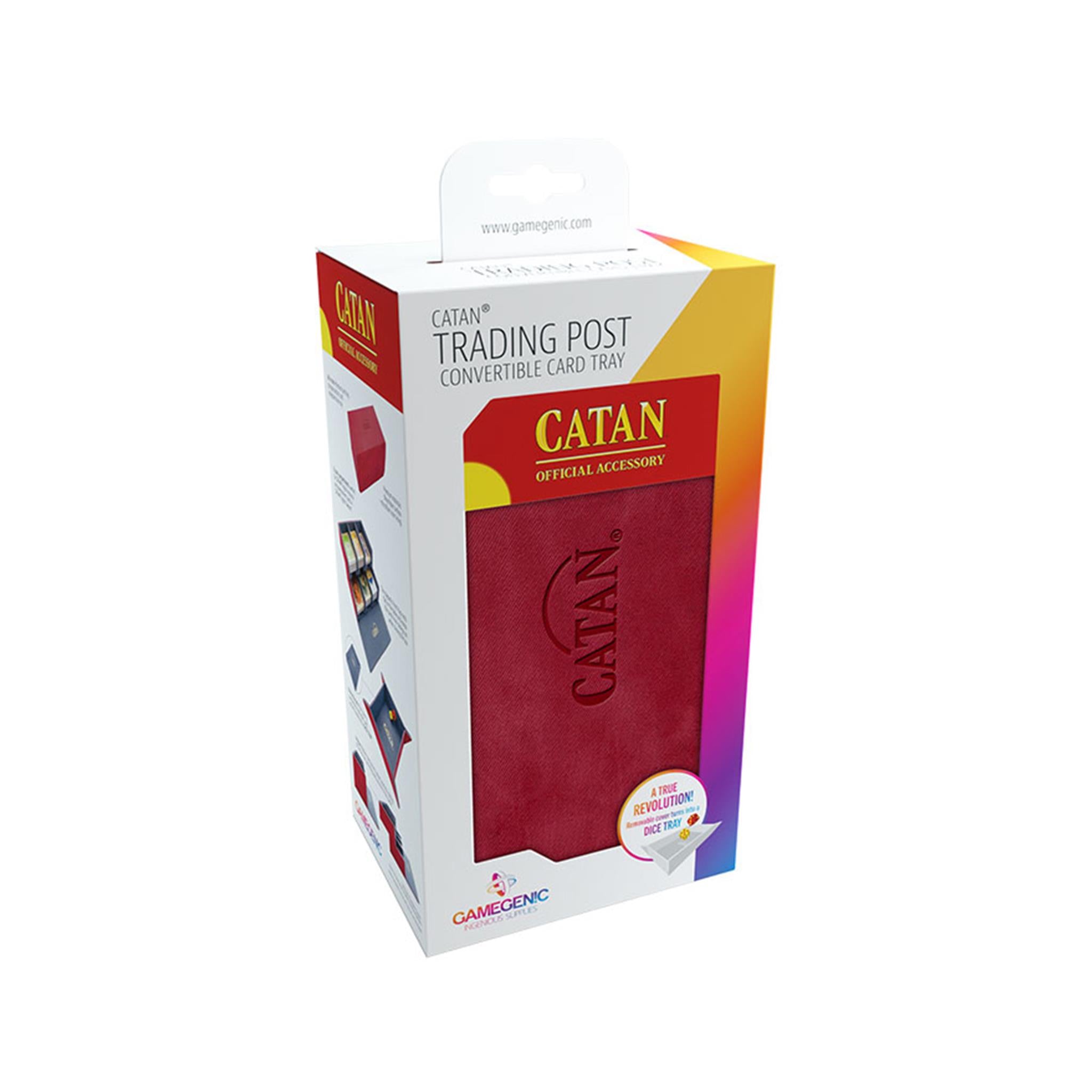 Packaging for Catan Trading Post game accessory, featuring a red and white box with the Catan logo, displaying the product through a clear plastic window.