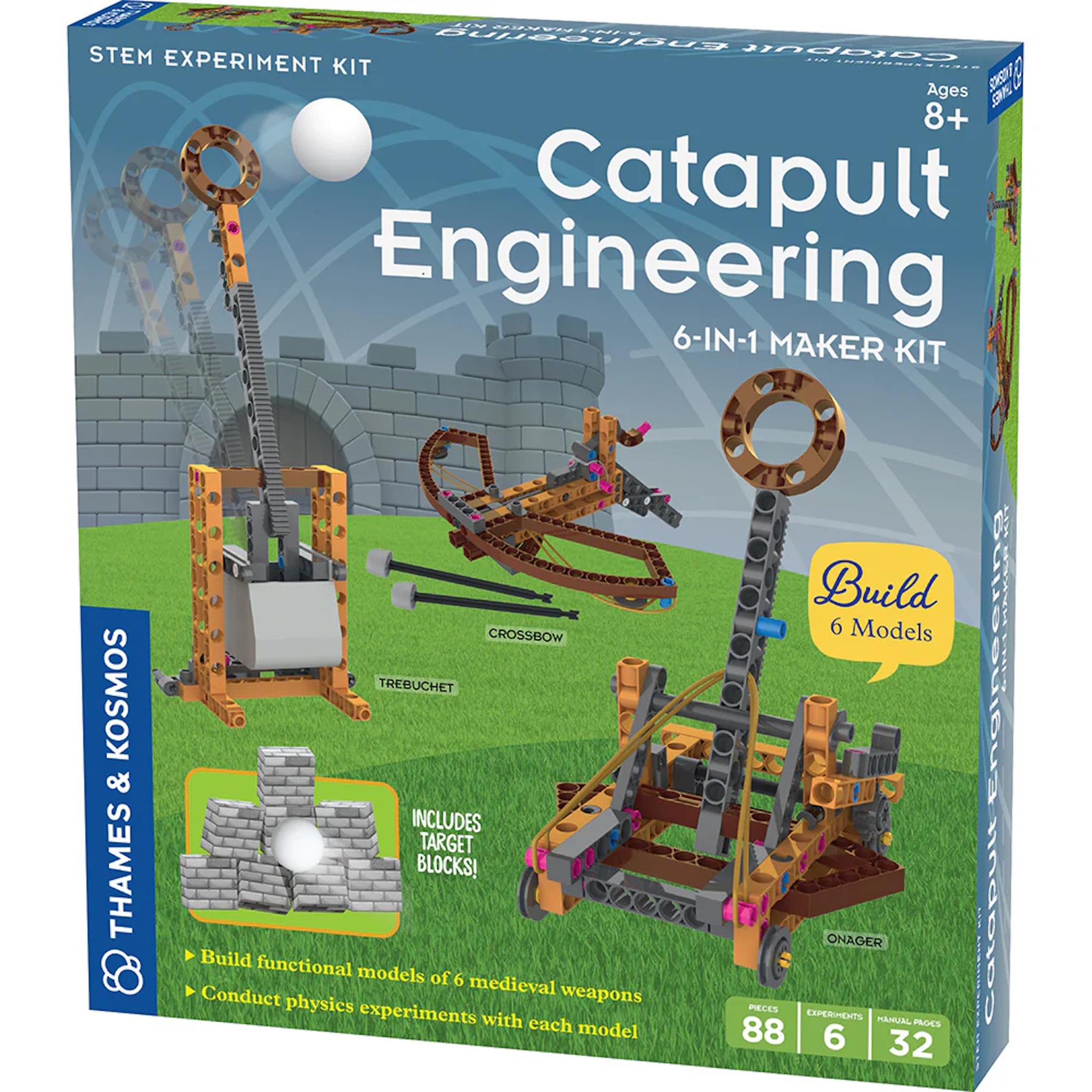 Packaging for the Catapult Engineering 6-in-1 Maker Kit by Thames & Kosmos, featuring images of the models constructed from the kit, including catapults and a 'castle' target.