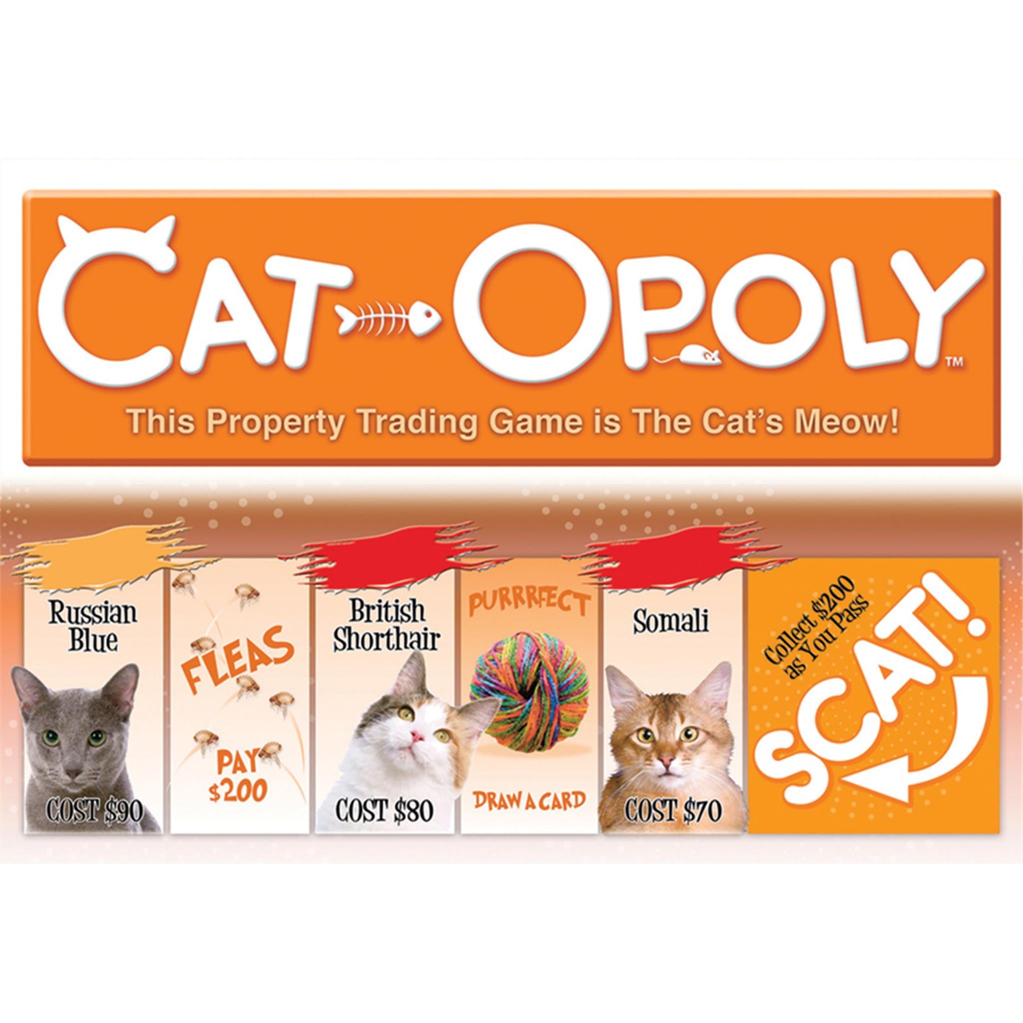 Property trading board game Catopoly, with game cards featuring different cat breeds, and the game's name displayed.