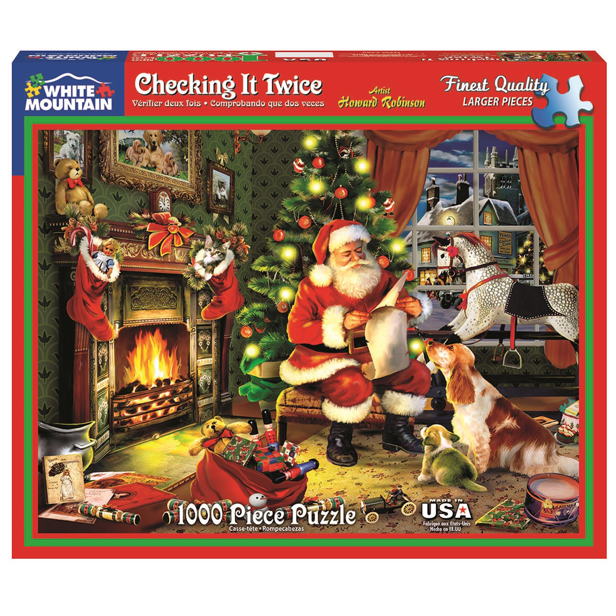 A 1000 piece jigsaw puzzle depicting a festive scene with Santa Claus, a fireplace, and a dog, to be assembled on a flat surface.