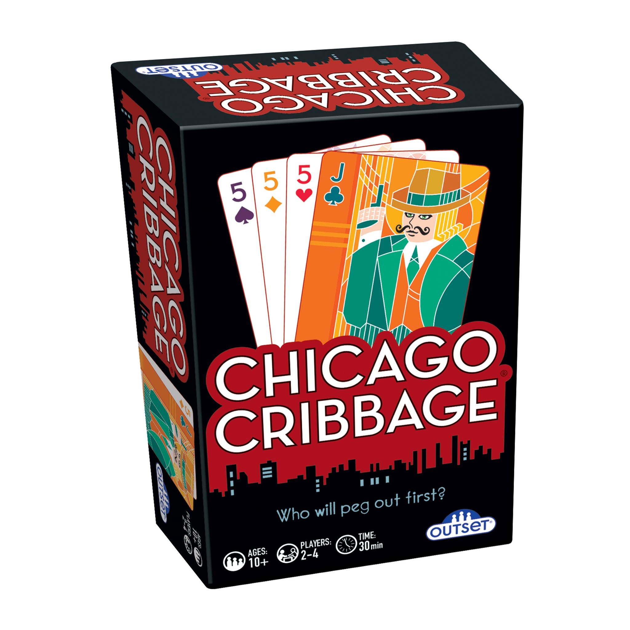 Packaging for the board game Chicago Cribbage, featuring the game's name and an illustration of a character with cards.