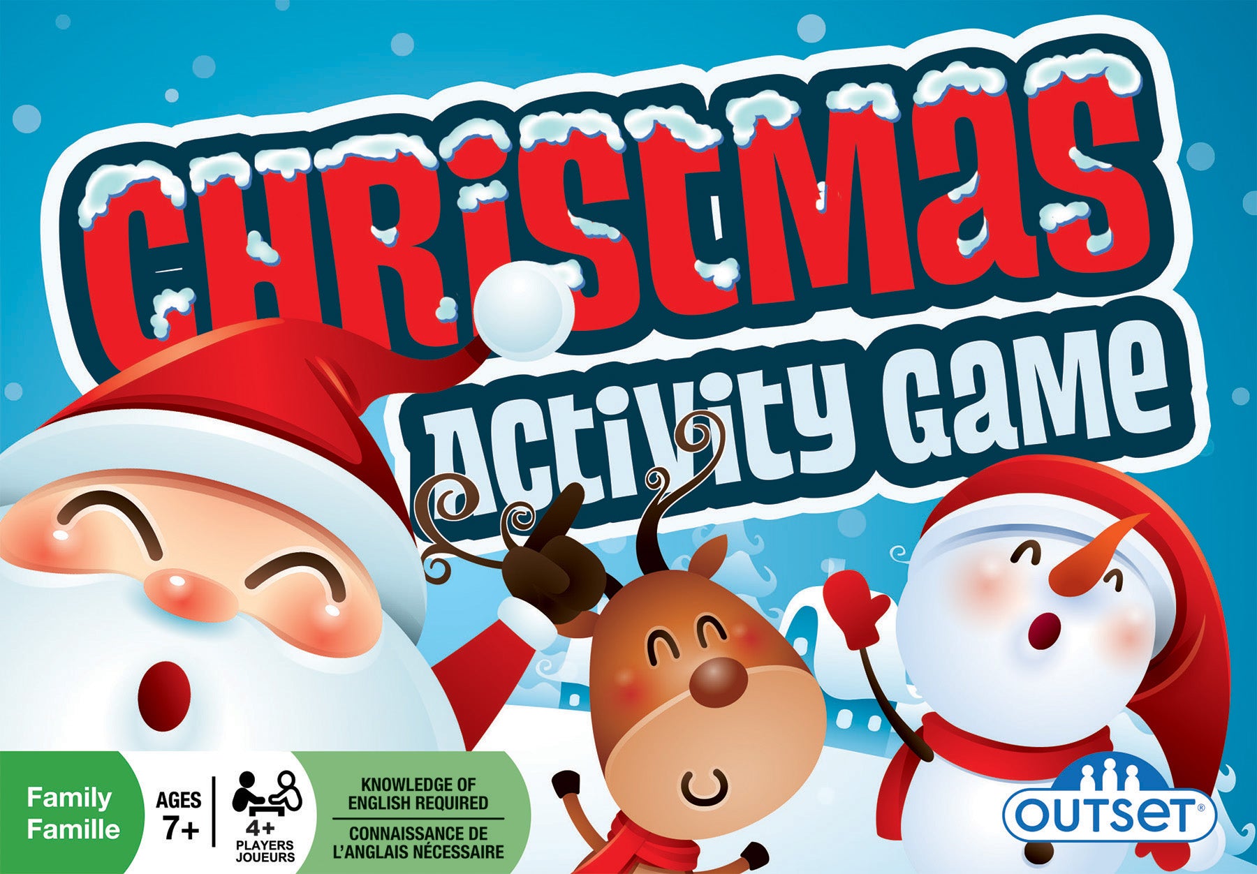Cover art for the Christmas Activity Game featuring cartoon illustrations of Santa Claus, a reindeer, and a snowman with the game's title in bold, red lettering at the top.