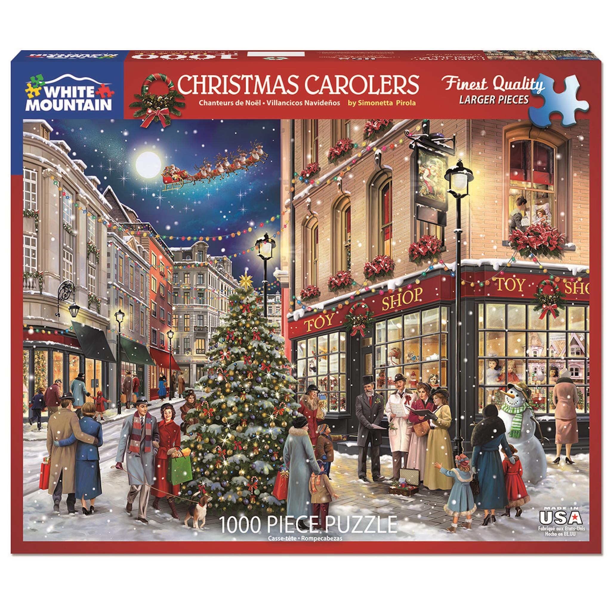 A 1000 piece jigsaw puzzle depicting a Christmas scene with carolers, a Christmas tree, and a toy shop in a snowy street.