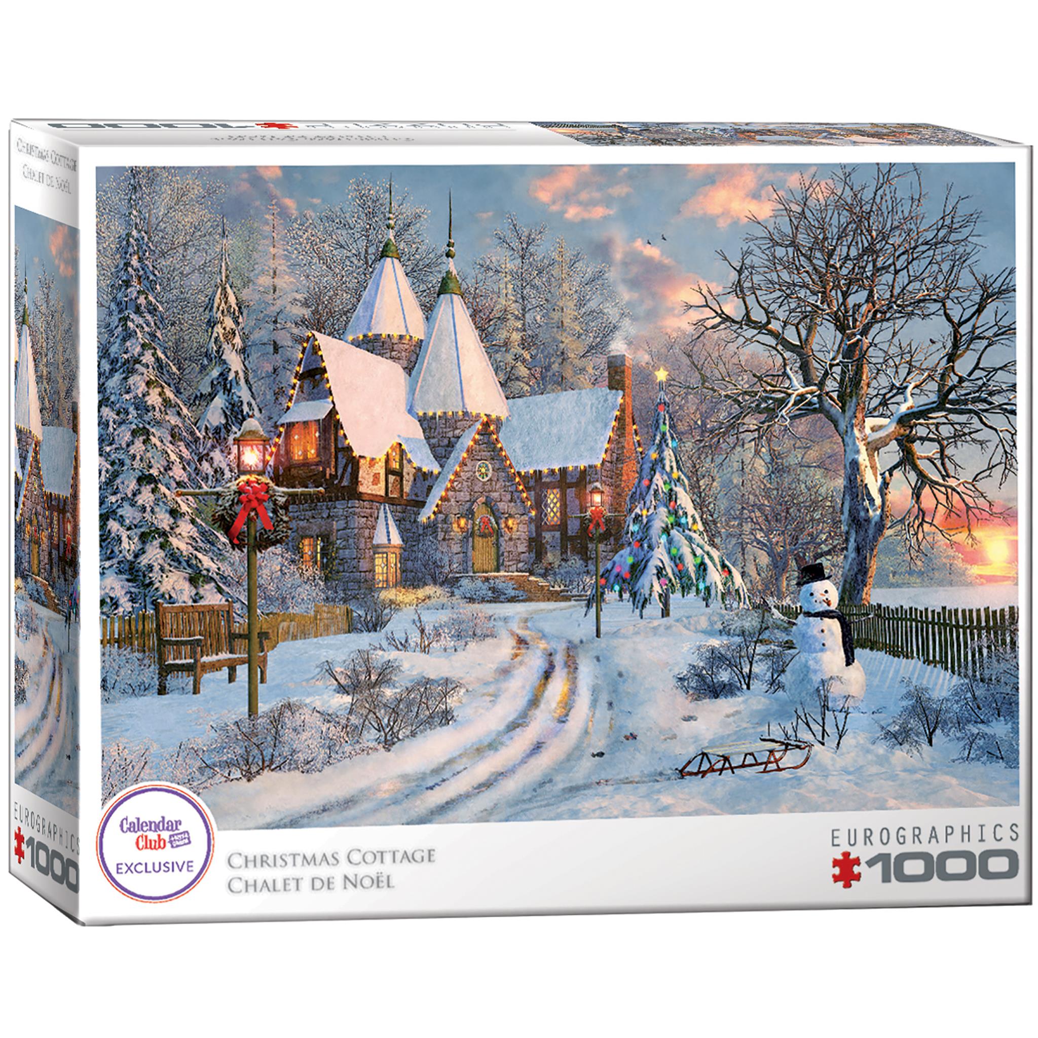 A 1000-piece EuroGraphics puzzle box featuring a Christmas cottage scene with snow and a decorated tree.