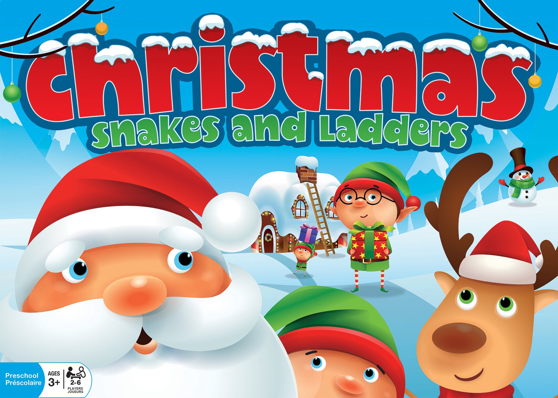 Cover art for Christmas Snakes and Ladders board game featuring animated characters including Santa Claus and an elf on a snowy background.