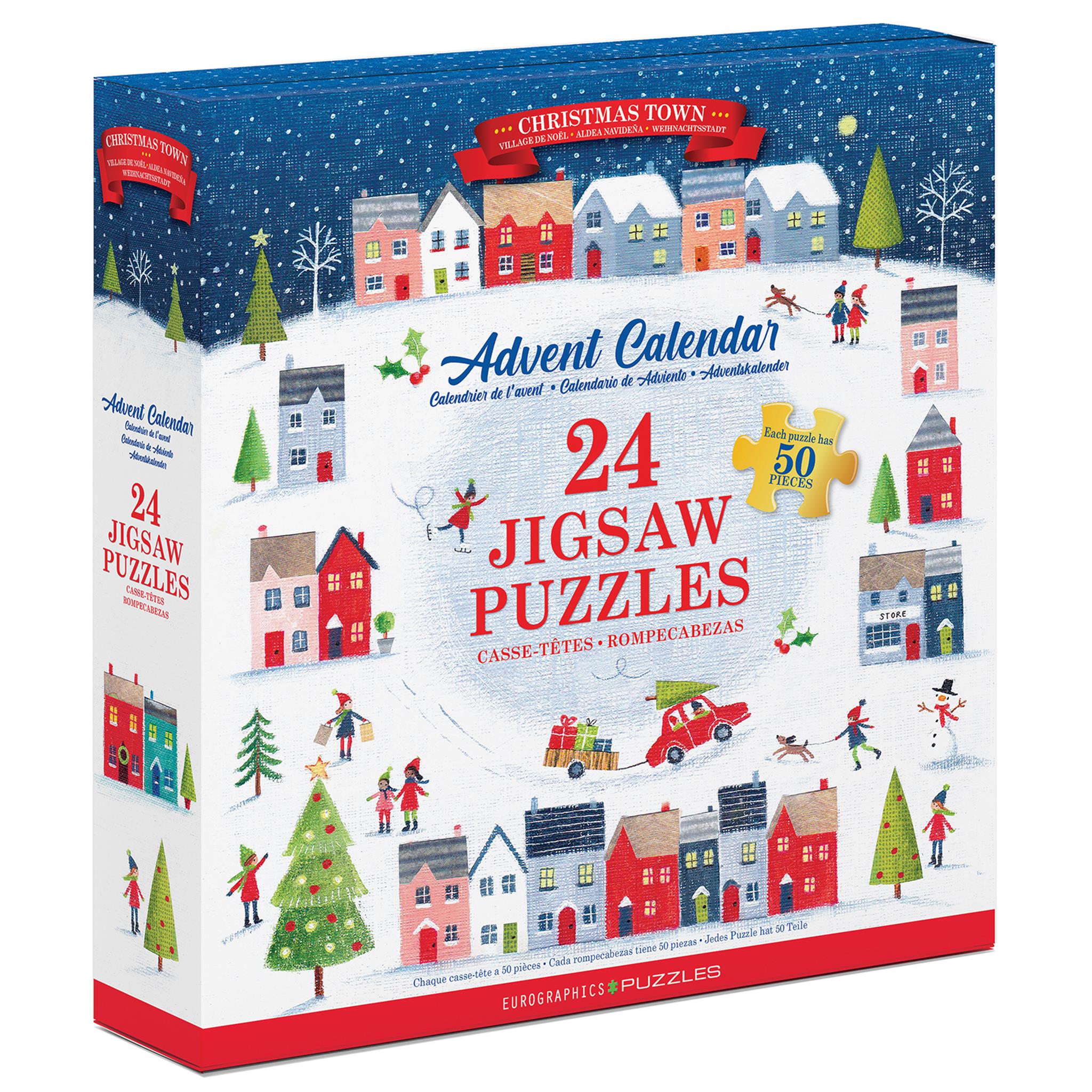 Boxed Eurographics Advent Calendar featuring a Christmas town scene with houses and a Christmas tree, indicating 24 jigsaw puzzles inside.