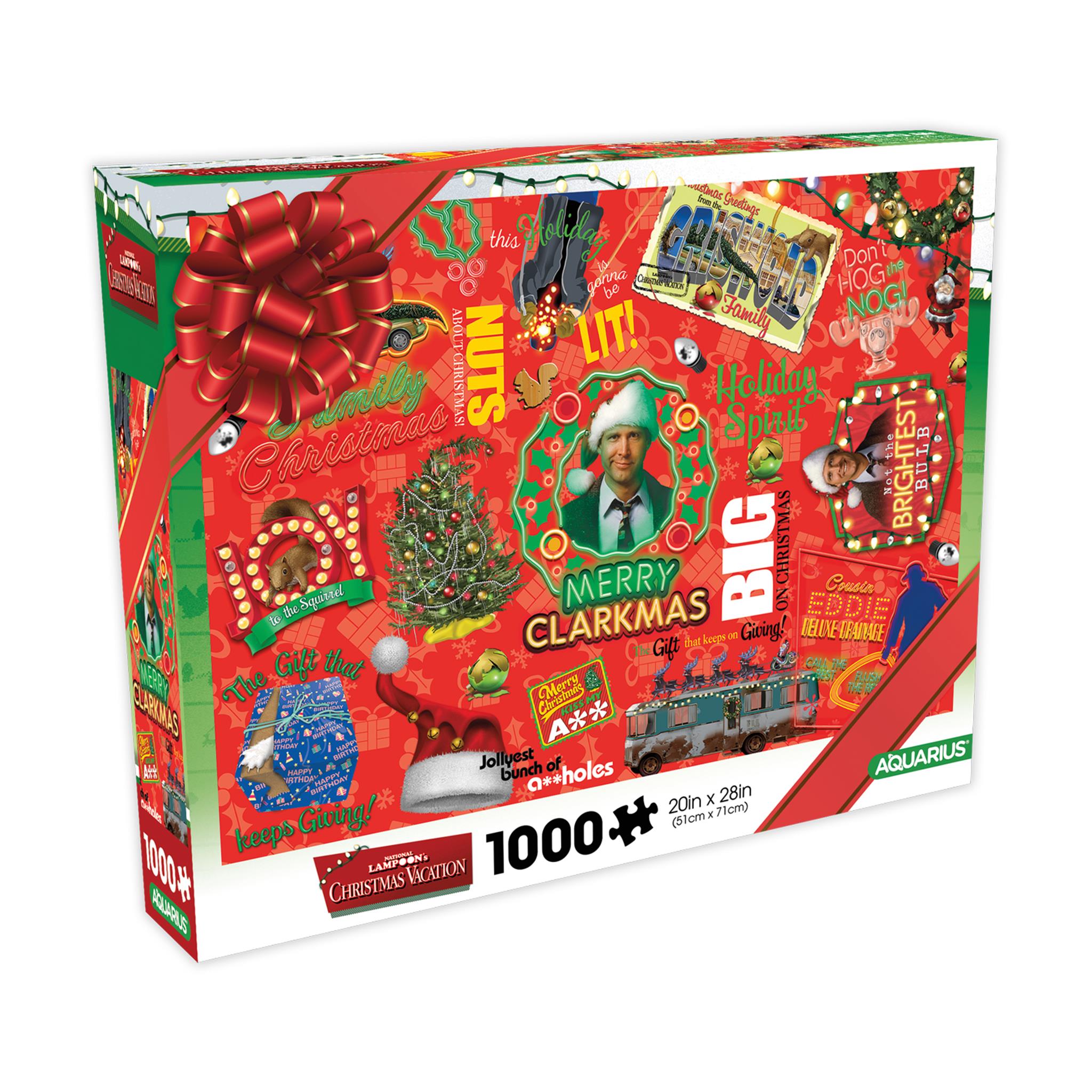 A 1000 piece jigsaw puzzle box featuring characters and elements from the Christmas Vacation movie with festive decorations.