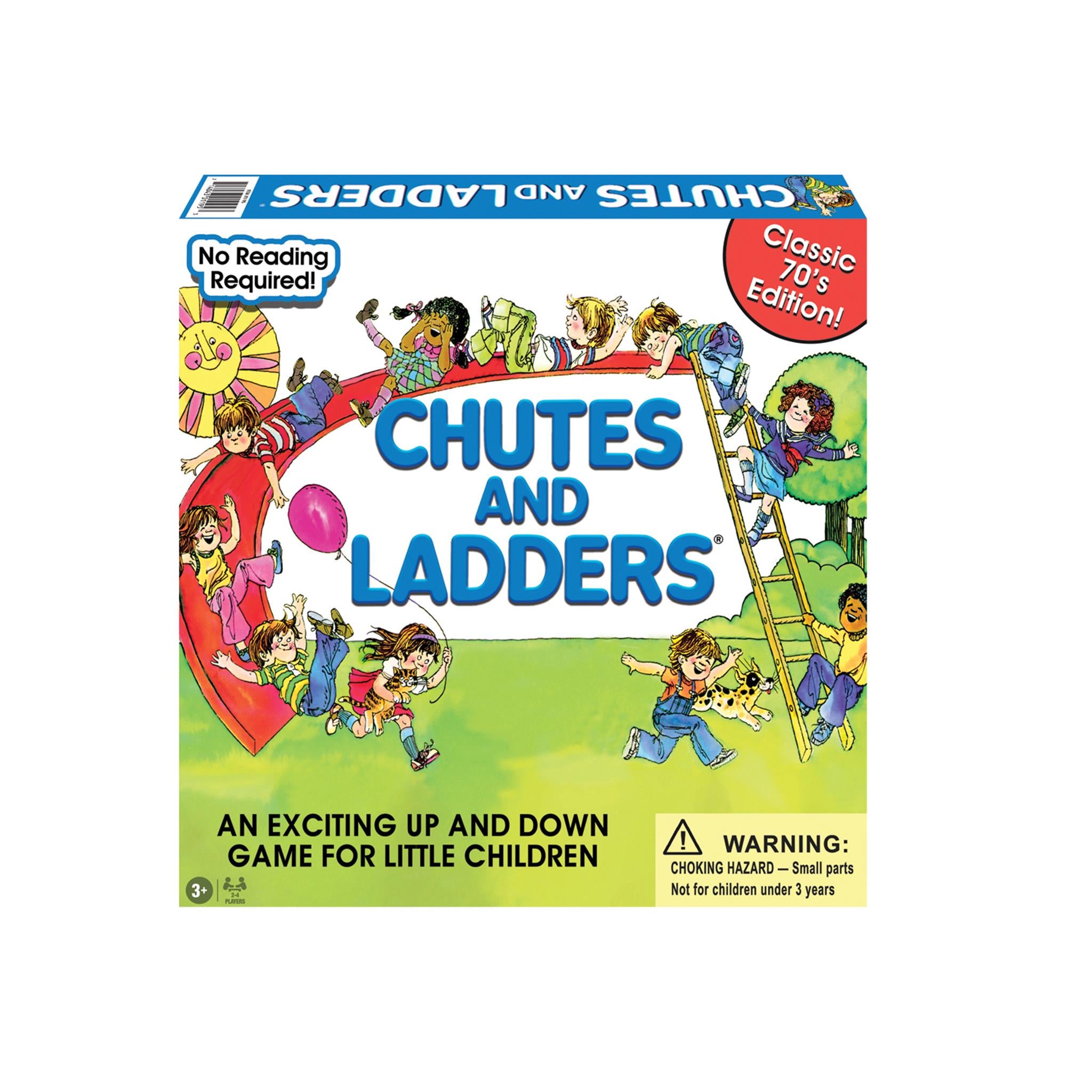 Board game box cover for 'Chutes and Ladders Classic Edition' featuring colorful cartoon artwork of children playing the game.