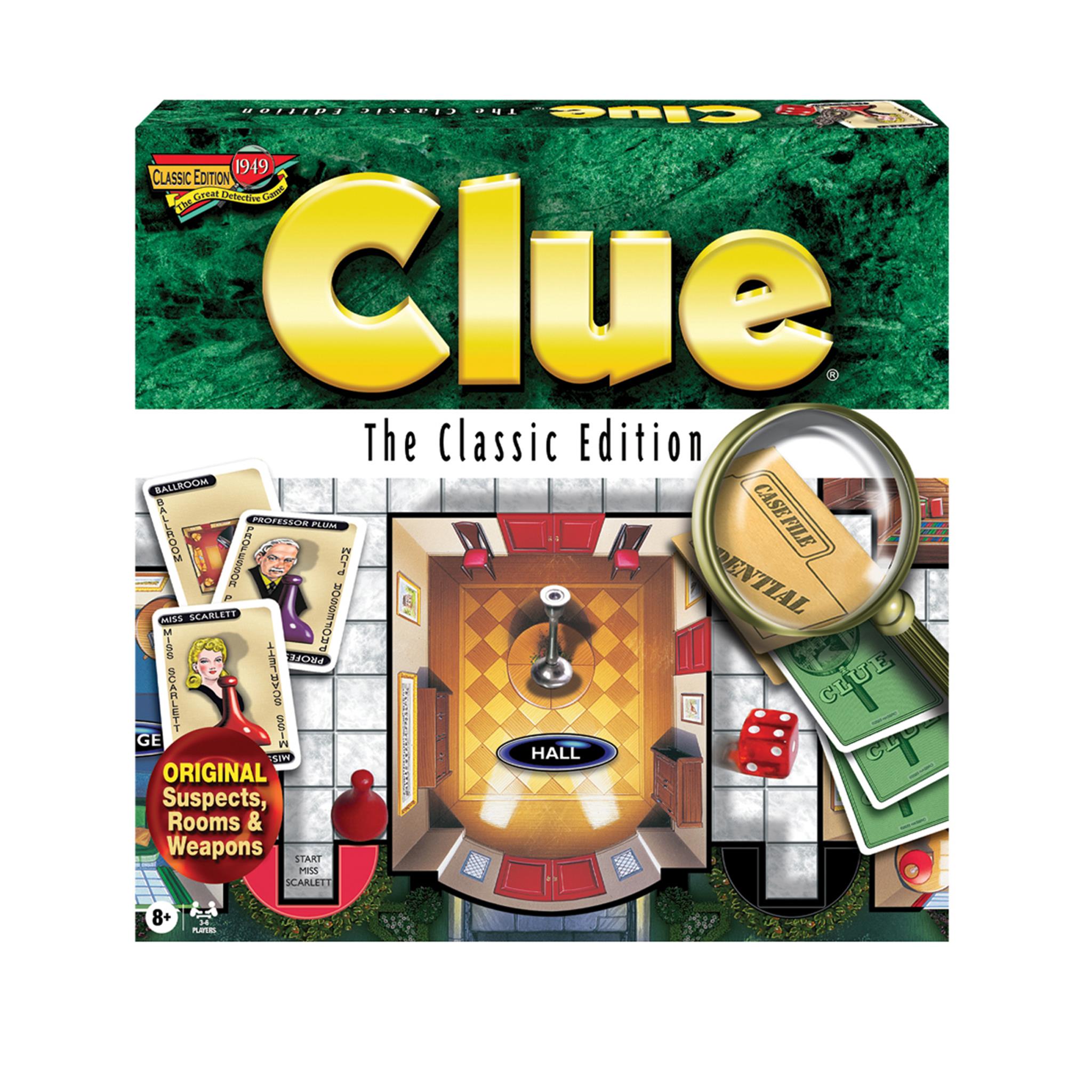Box cover for the Classic Edition Clue Board Game, featuring the game's title, a mansion background, game cards, and a gold-colored hourglass.