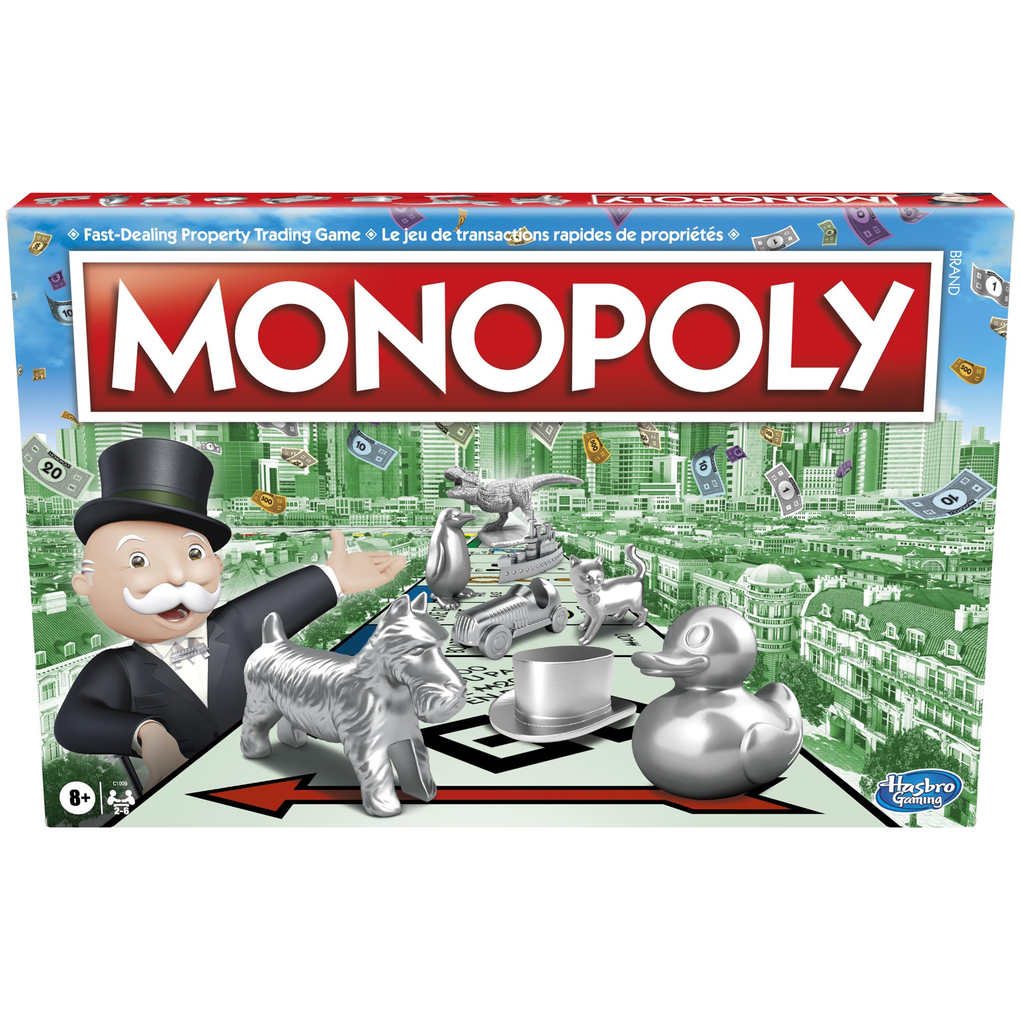 Board game box cover for Monopoly featuring the game's iconic Mr. Monopoly figure, game pieces, and properties.