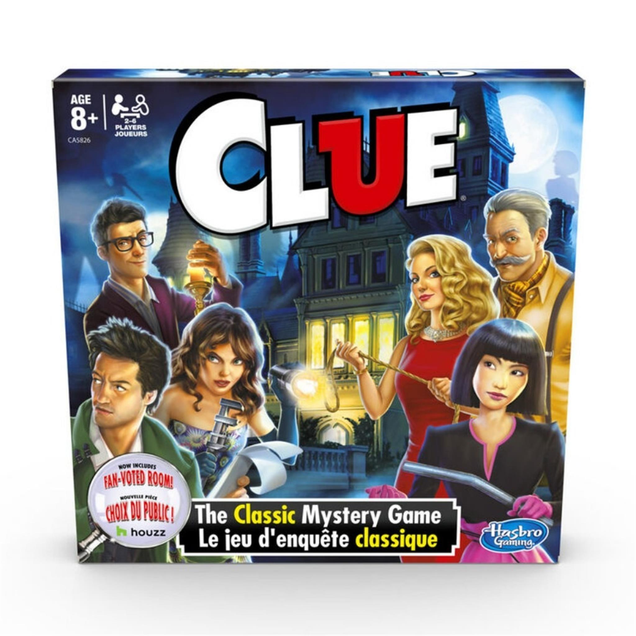 Box cover art for the Clue Board Game featuring illustrations of characters and a mansion, with the game's title prominently displayed.