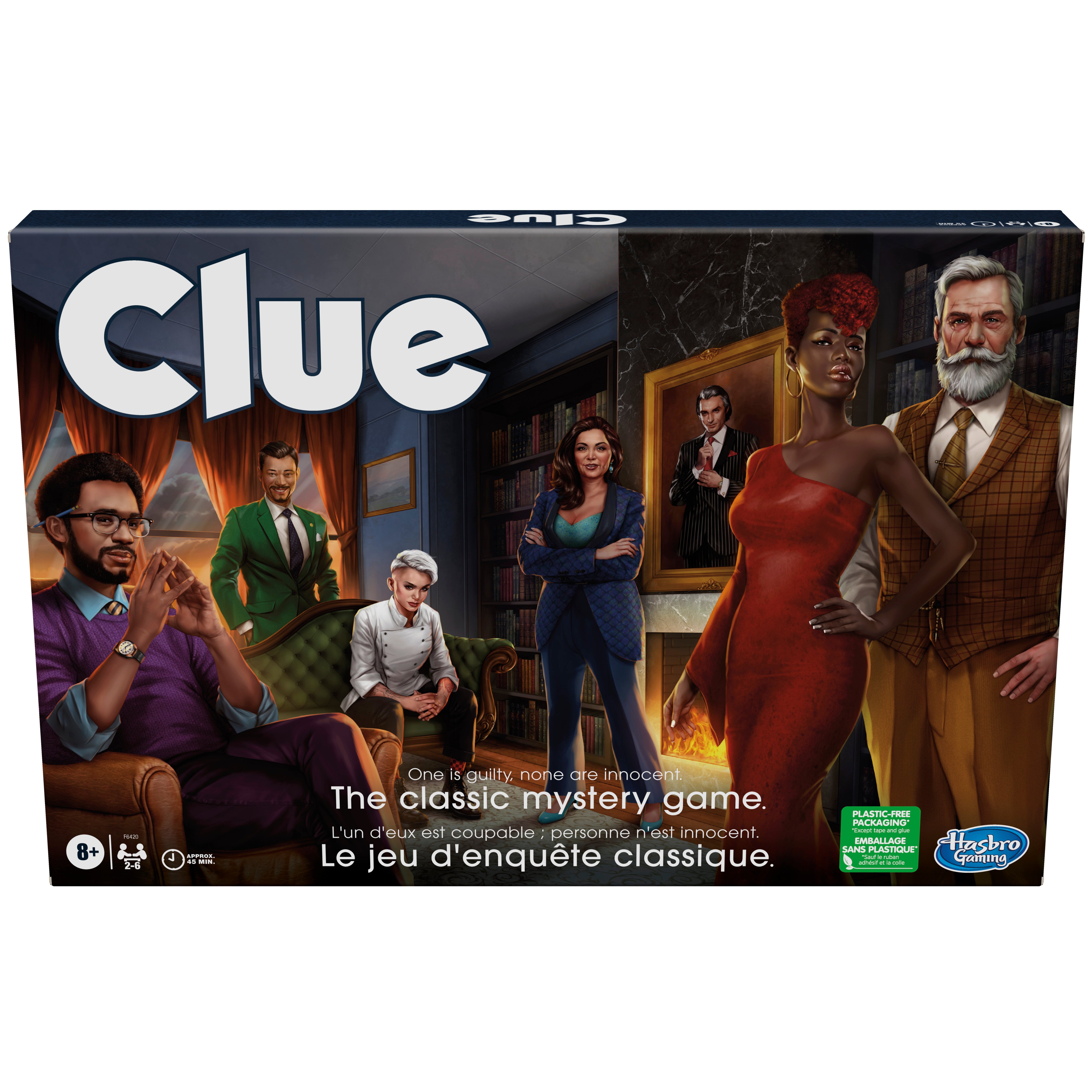 Box cover art for the Clue Classic Refresh Bilingual board game featuring illustrations of characters commonly found in the game, including a butler, a chef, and other mystery figures in a mansion setting.