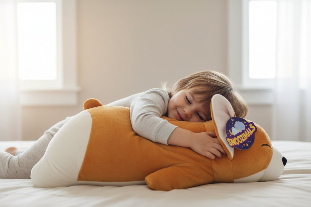 Plush corgi-shaped pillow on a beige bed with child lying down with a visible brand label.