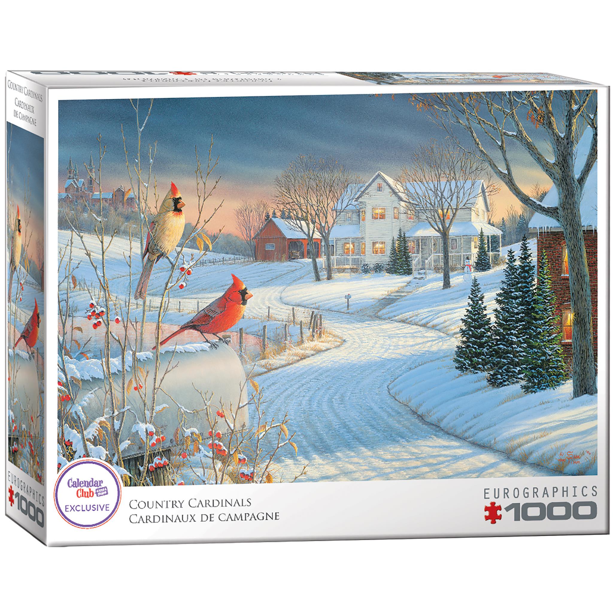 A 1000 piece jigsaw puzzle box featuring a winter scene with snow, houses, and cardinals.