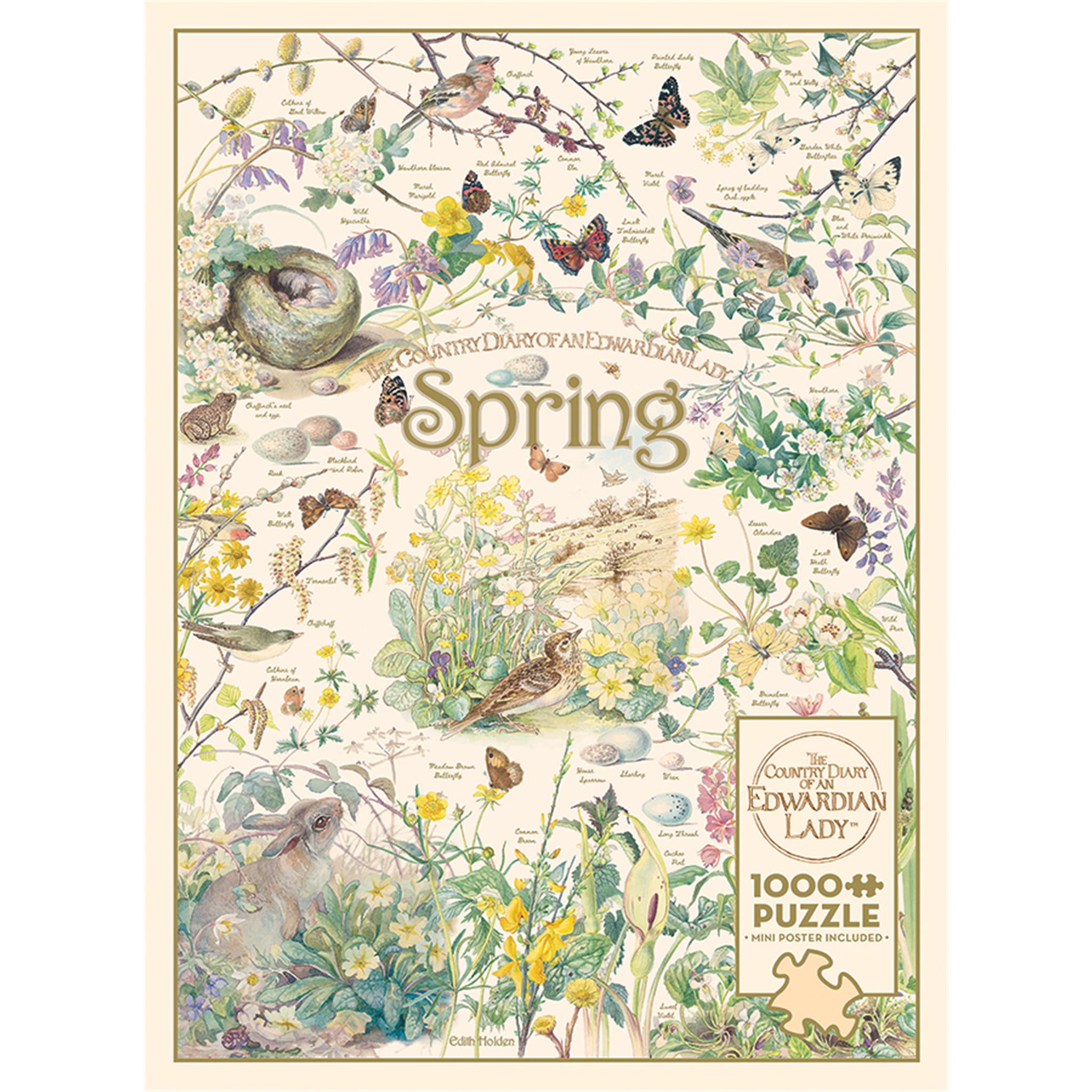 A 1000 piece Cobble Hill jigsaw puzzle box featuring a floral and wildlife spring scene from the artwork of Edith Holden.