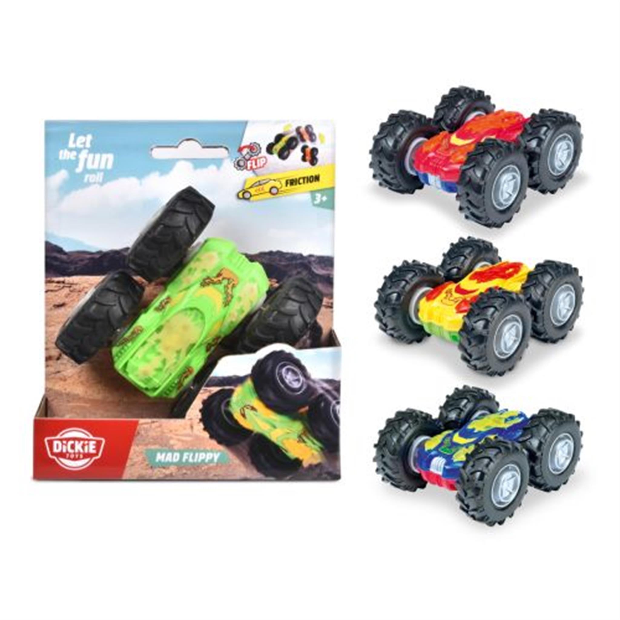 Assorted colors of Dickie Toys Crazy Flippy toy cars with large wheels, displayed on packaging.