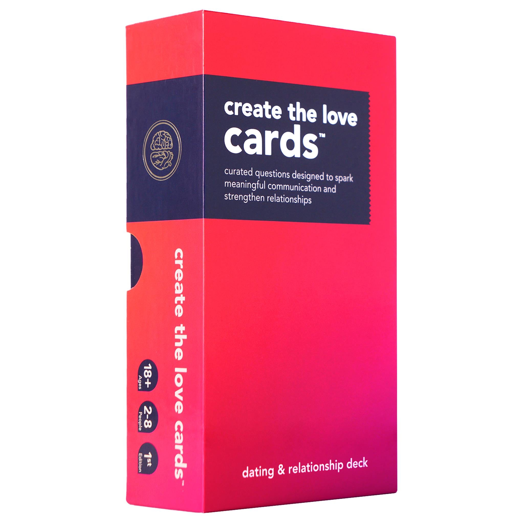 Box packaging for 'Create The Love Cards', with red and blue color scheme and text detailing the product as a dating and relationship conversation starter deck.