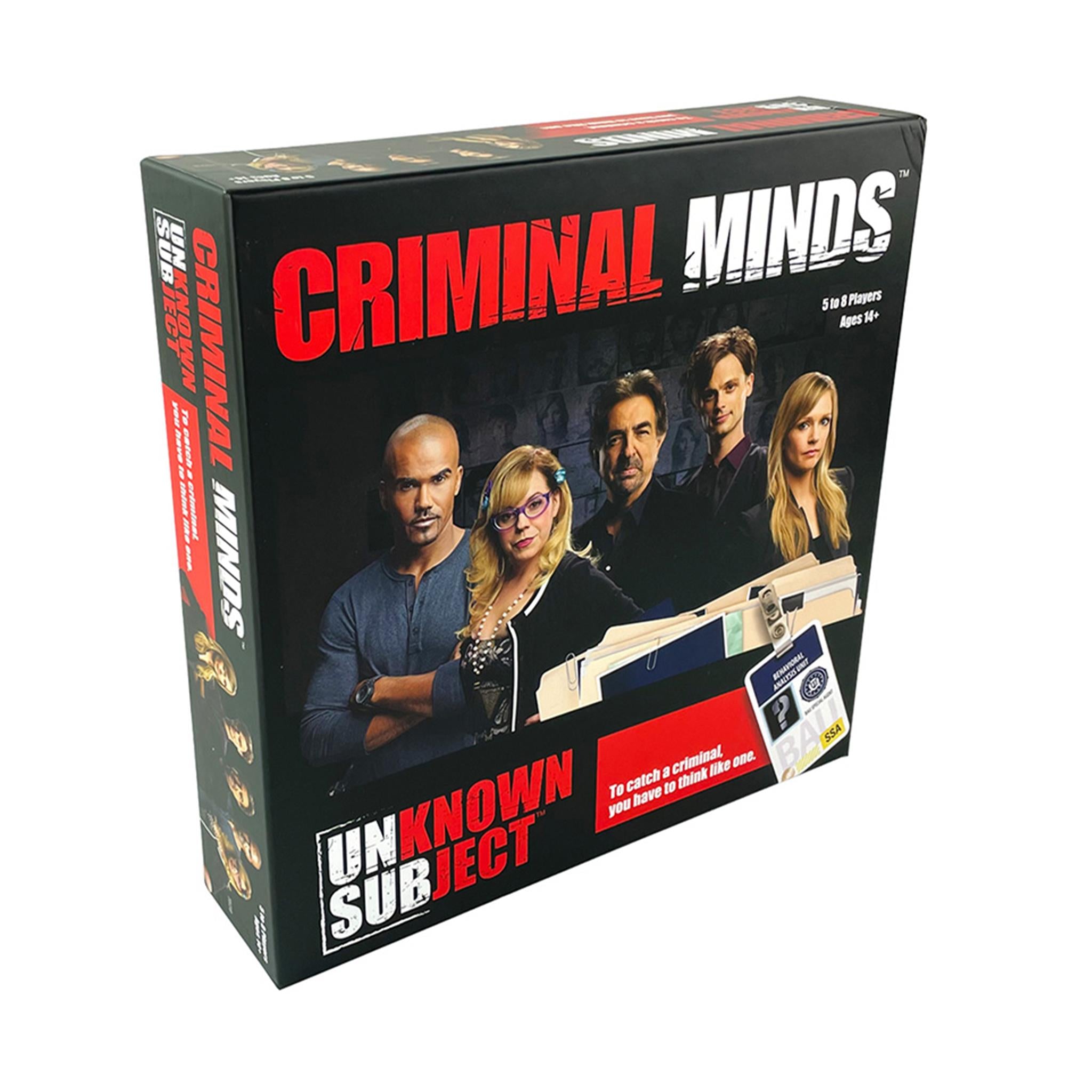 Boxed board game 'Criminal Minds Unknown Subject' featuring images of TV show characters and game components on the cover.