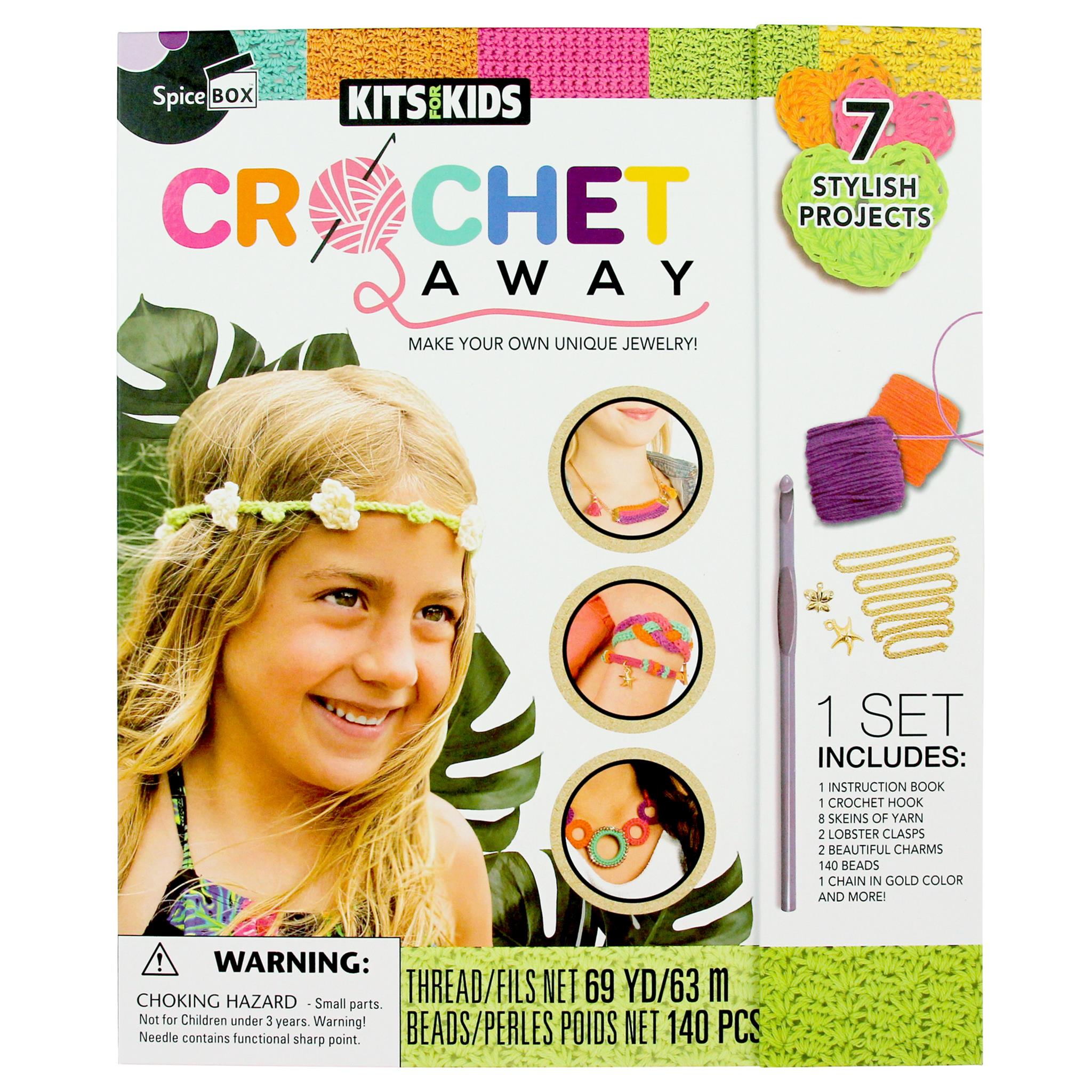 Packaging for 'Crochet Away' craft kit featuring a young girl with a handmade hair garland, with images of crochet projects and crochet tools like yarn and needles.