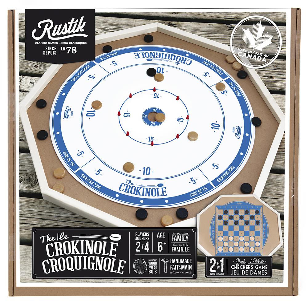 Packaging for the board game Crokinole 2 in 1, featuring the game board and components, with the brand Rustik visible at the top.