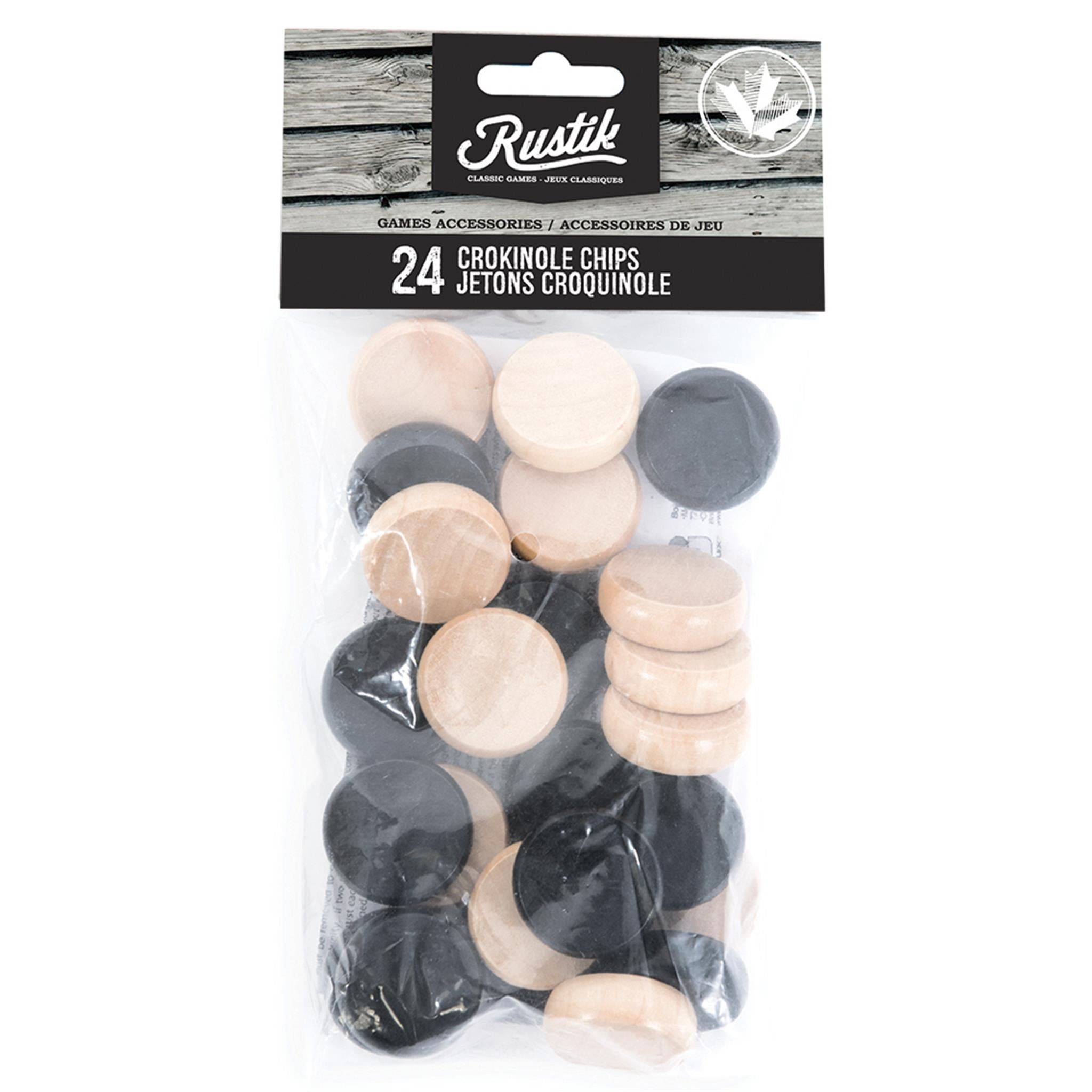 Packaging of Rustik Crokinole Chips containing 24 pieces, with 12 wooden discs and 12 black discs.