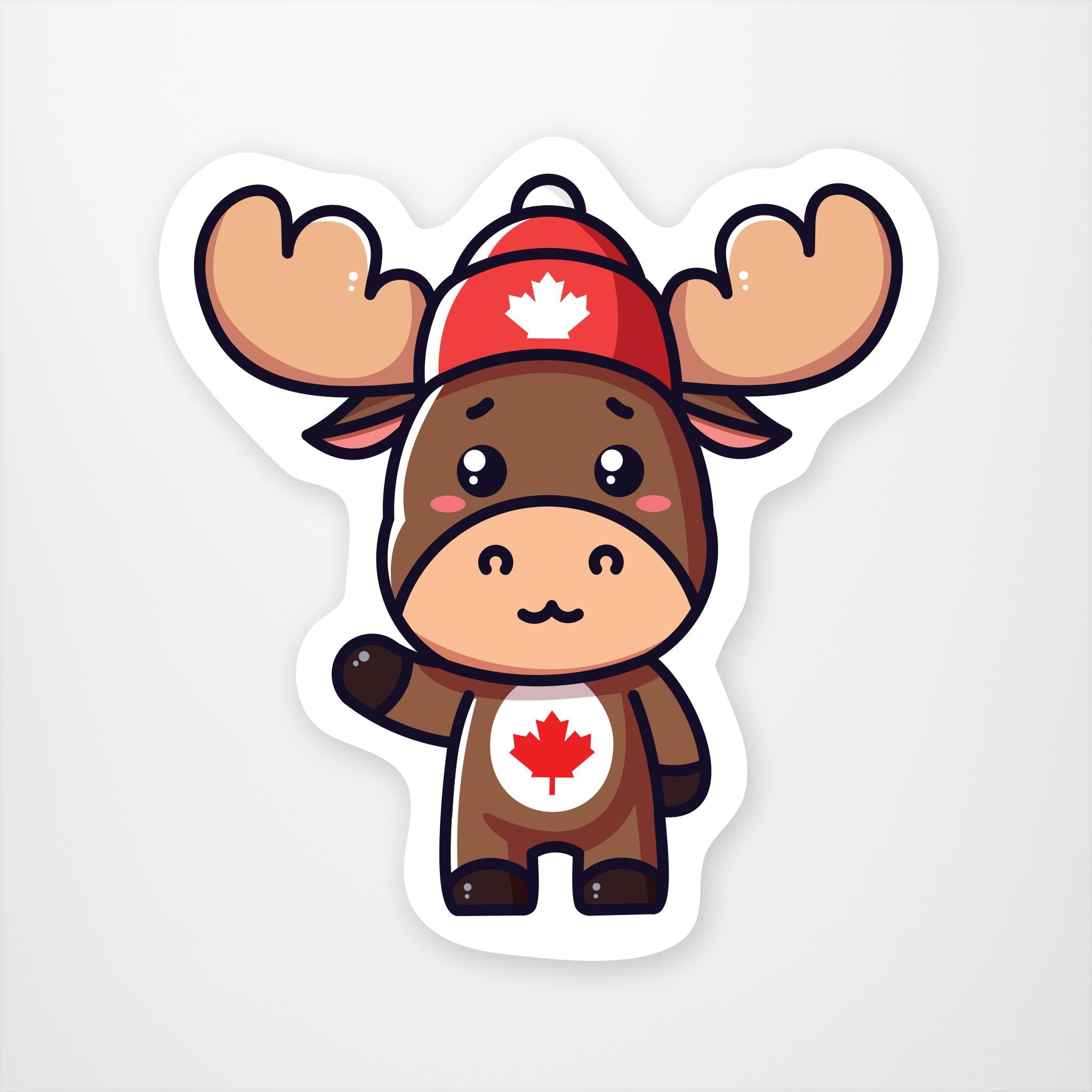 Wide eyed cartoon moose standing on two feet with one arm up, wearing a red toque with a white maple leaf. White belly with a red maple leaf.