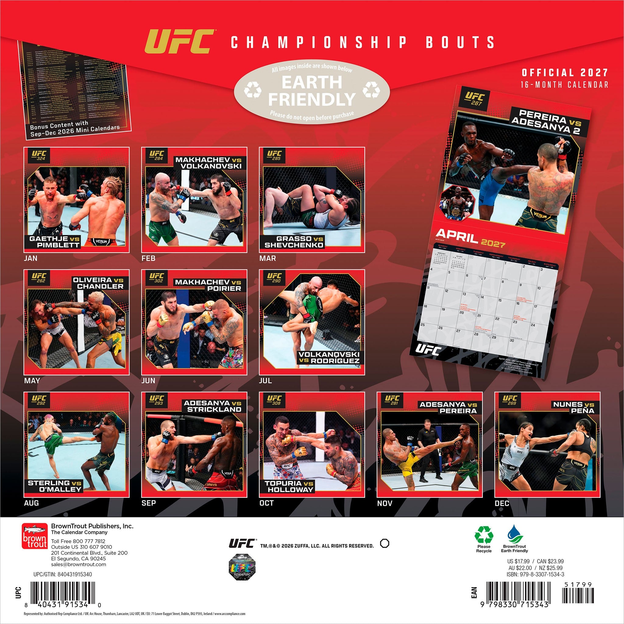 Ultimate Fighting Championship 'Championship Bouts' 2027 Wall Calendar
