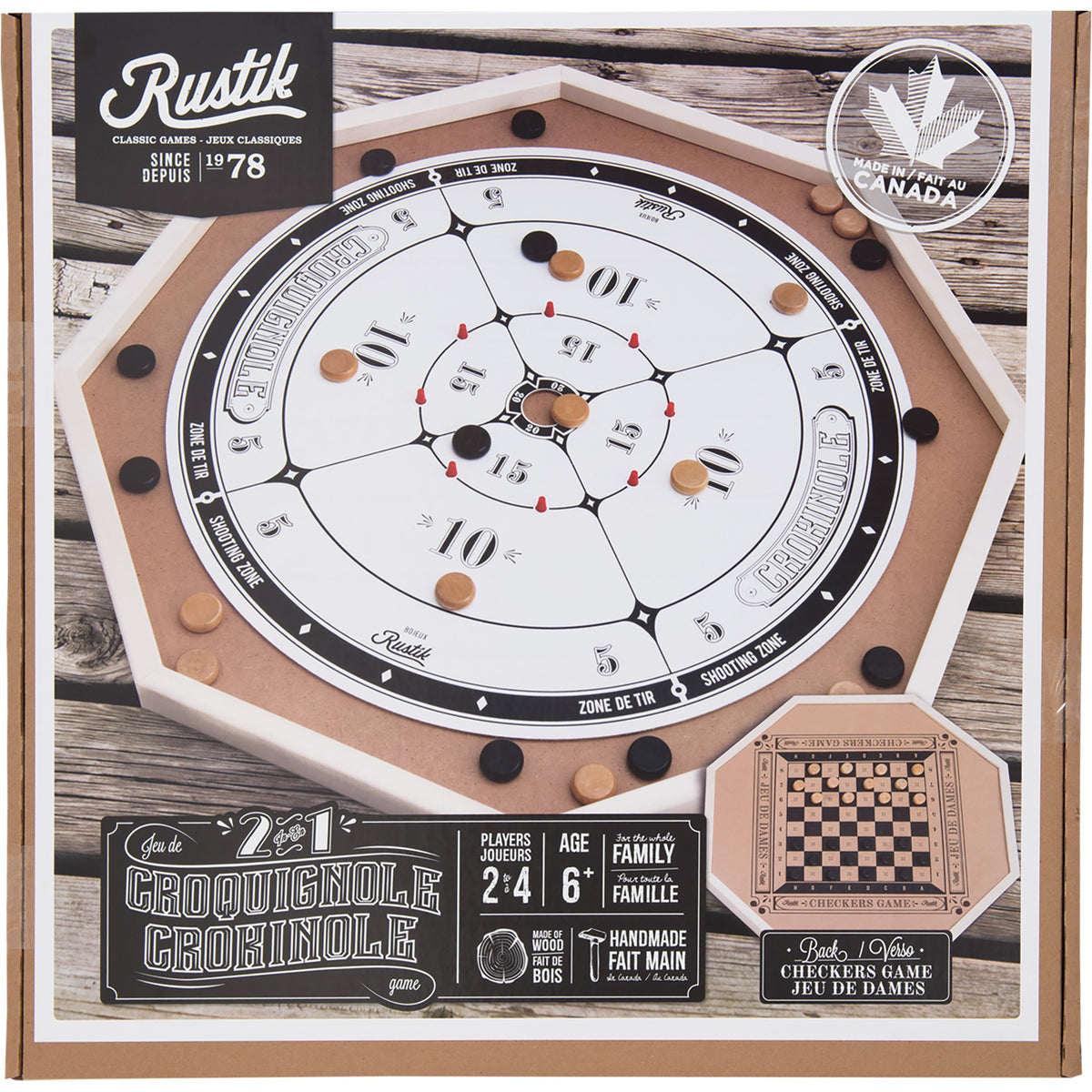 Packaging for the board game Crokinole 2 in 1, featuring the game board and components, with the brand Rustik visible at the top.