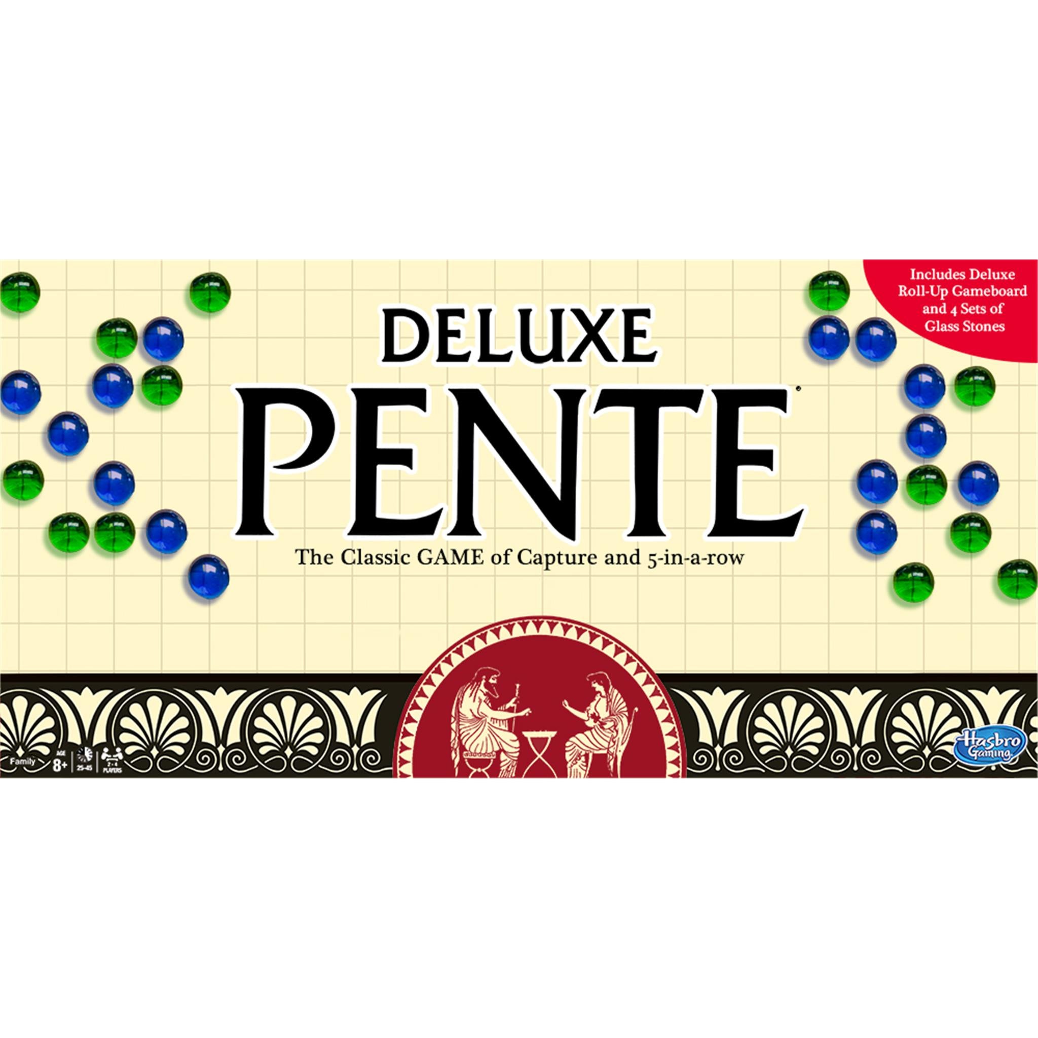 Board game box cover for Deluxe Pente featuring the game's name, a grid with green and blue stones, and the ages suitability note.