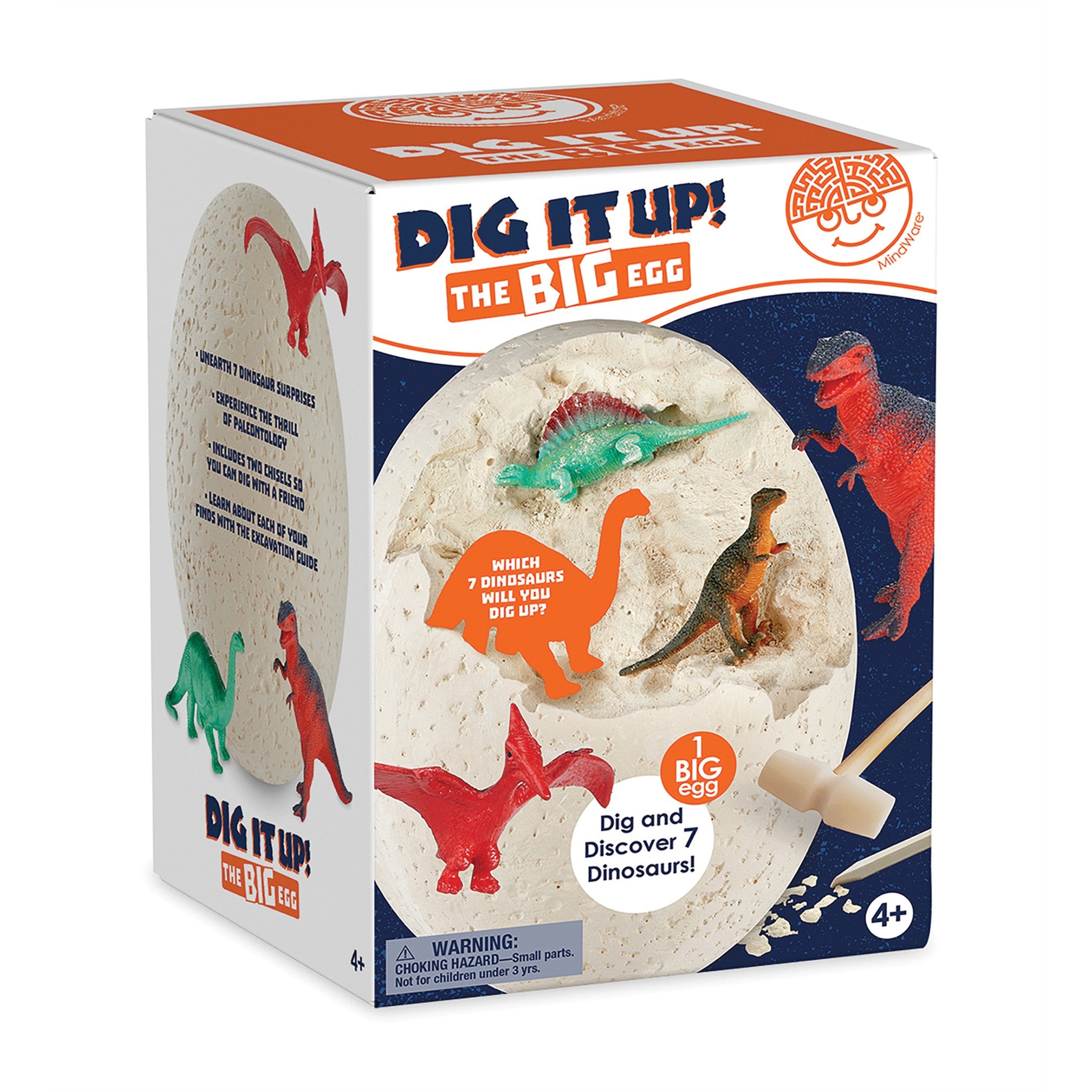 Packaging for 'Dig It Up: The Big Egg' game featuring an illustration of a dinosaur egg with a child's hand digging on it, set against a green and beige background.