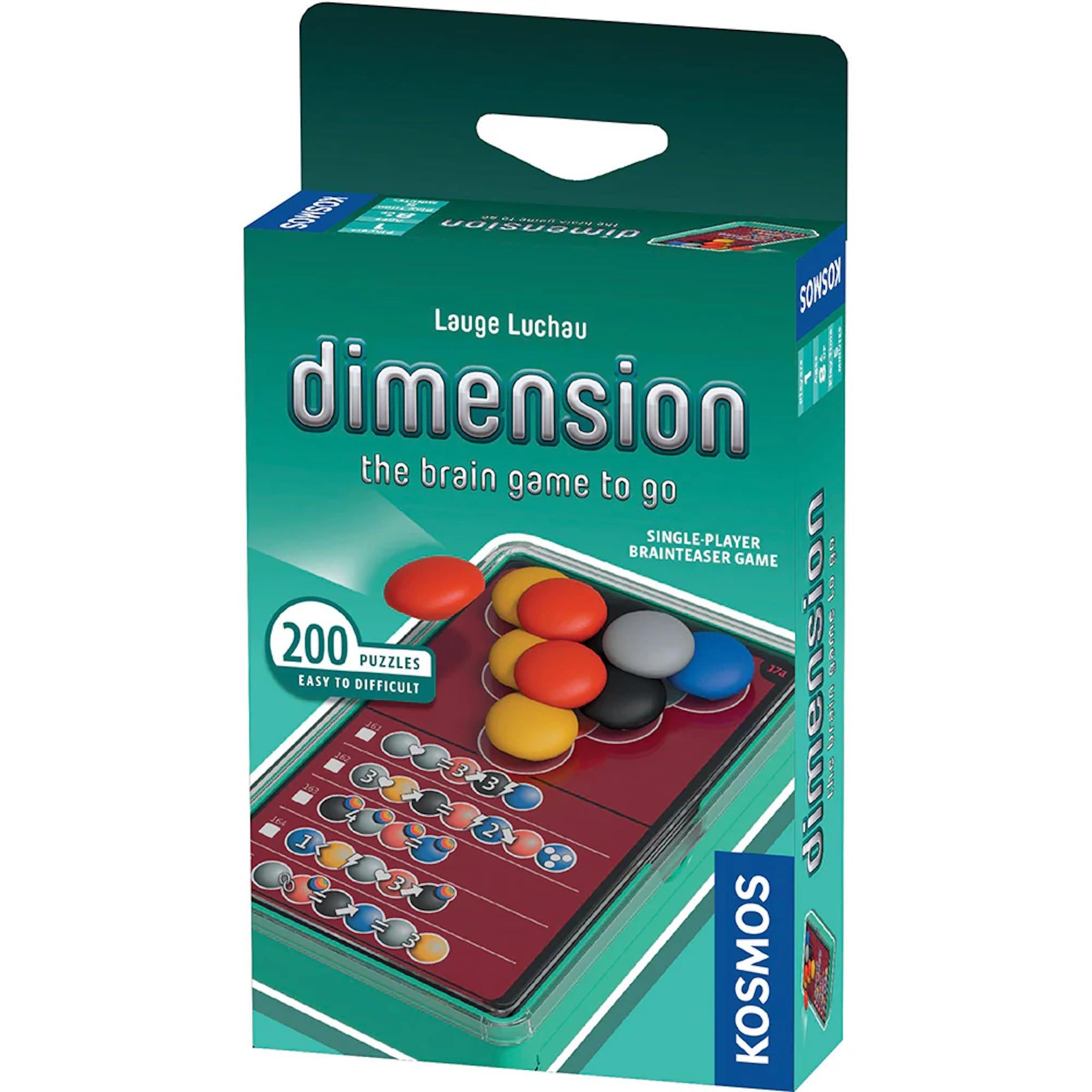 Packaging for 'Dimension: The Brain Game To Go' puzzle game by Kosmos, featuring the game box with colorful stacking pieces and the name of the game.