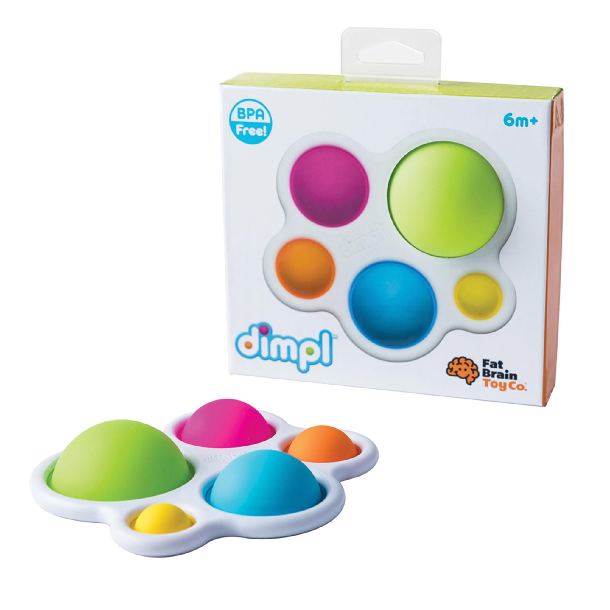 A colorful dimpl toy with five silicone bubbles in varying sizes and colors, displayed alongside its packaging which indicates it's suitable for 6 months+ and made by Fat Brain Toys.