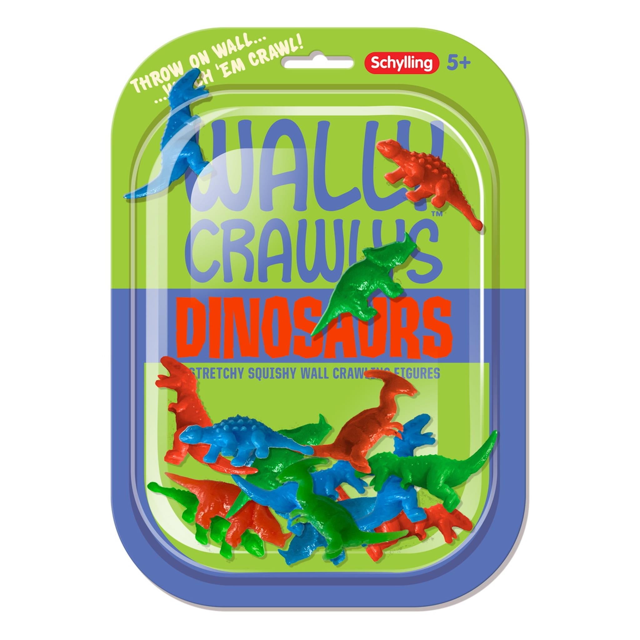 Packaging for Schylling's Wally Crawly Dinosaurs toy, featuring multicolored stretchy dinosaur toys designed to be launched and crawled down a wall.