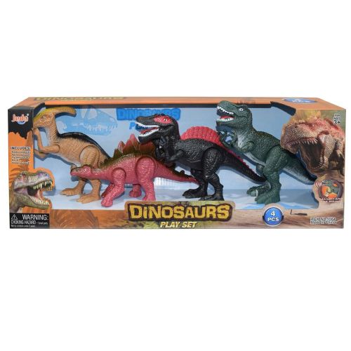 A package containing a set of four dinosaur figures, with each dinosaur depicted in different colors and poses.