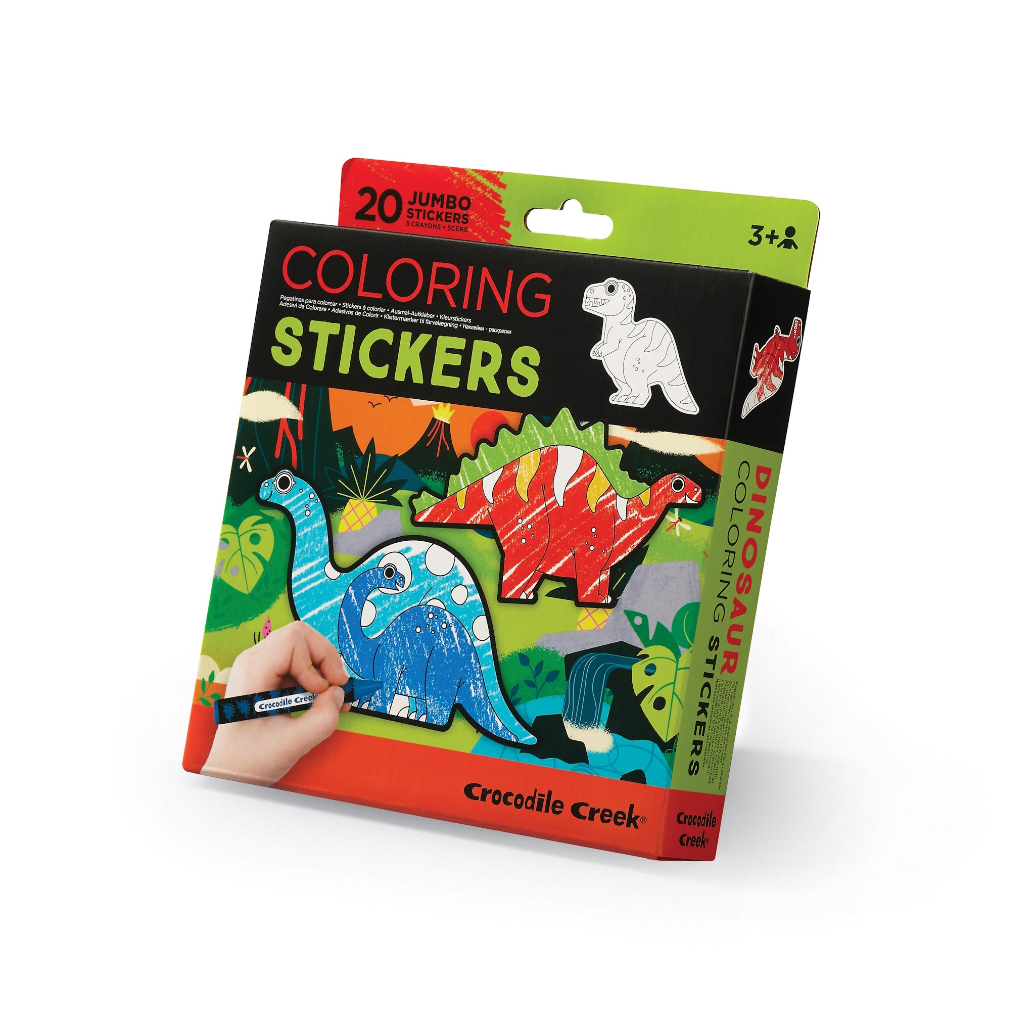 Packaging of 'Coloring Stickers' by Crocodile Creek featuring illustrations of dinosaurs, with a child coloring a blue dinosaur sticker. The package indicates the product is for 3+ years old, includes 20 jumbo stickers, and has a theme of dinosaurs.