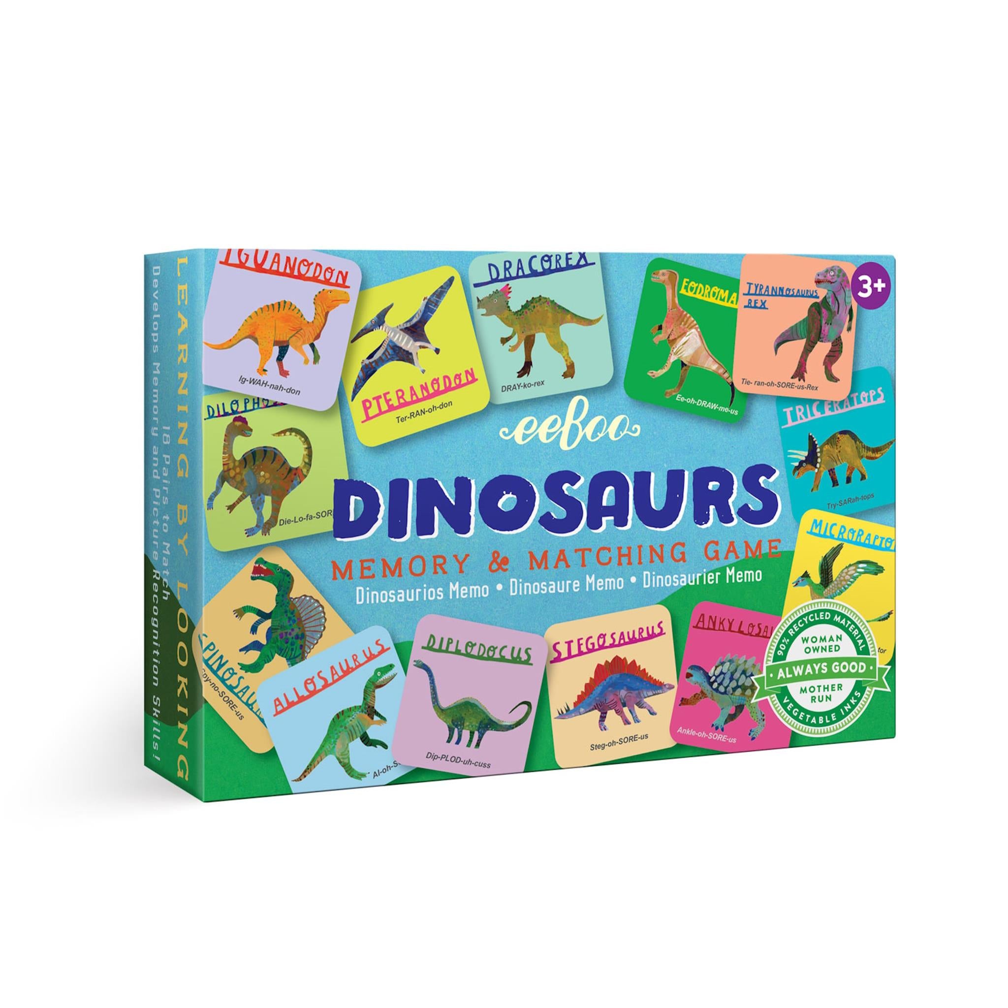 Boxed Dinosaurs Little Memory & Matching Game featuring various illustrated dinosaurs on the cover, indicating it's a educational game for children.