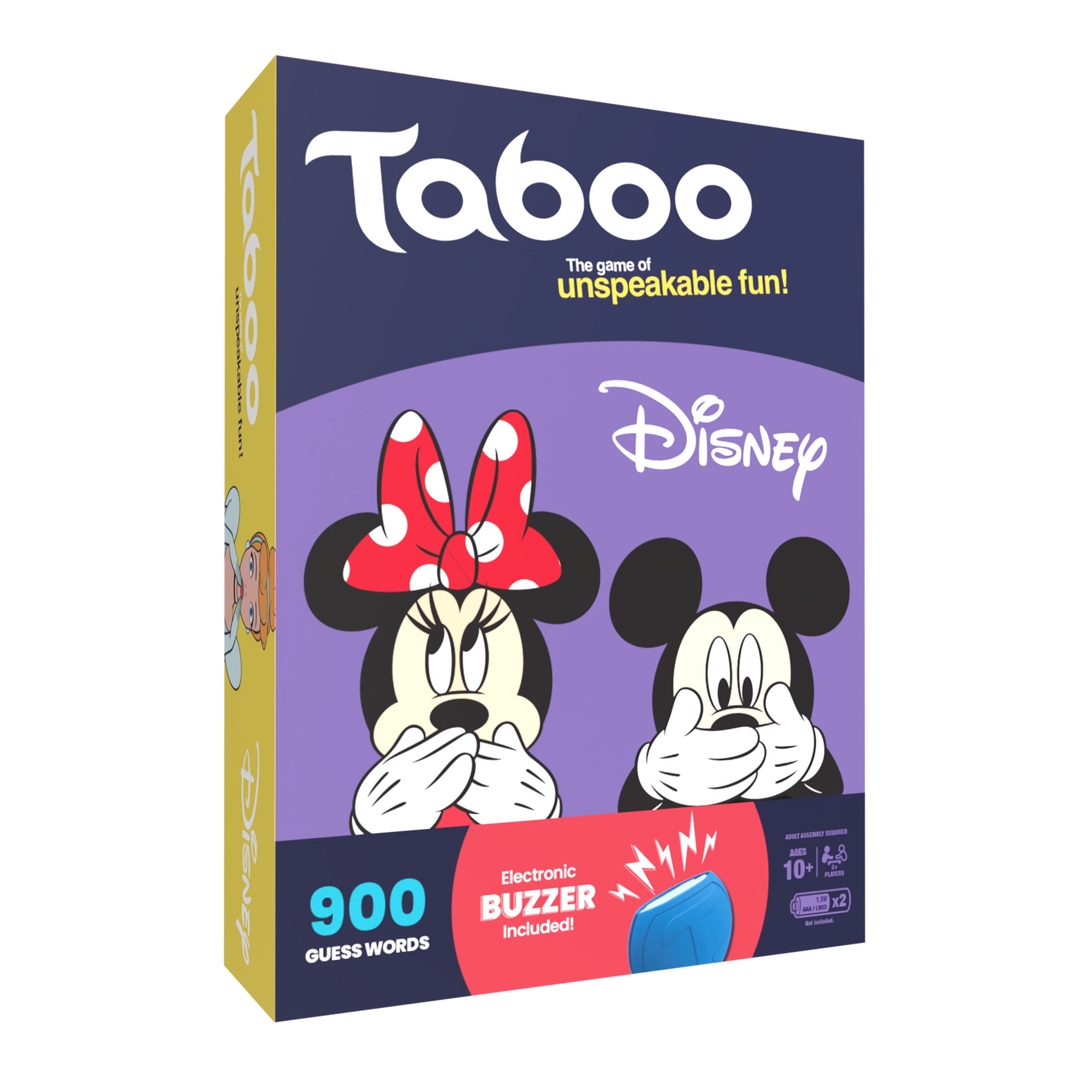 Disney edition of the Taboo board game box, featuring illustrations of Minnie Mouse and Mickey Mouse in a purple background.
